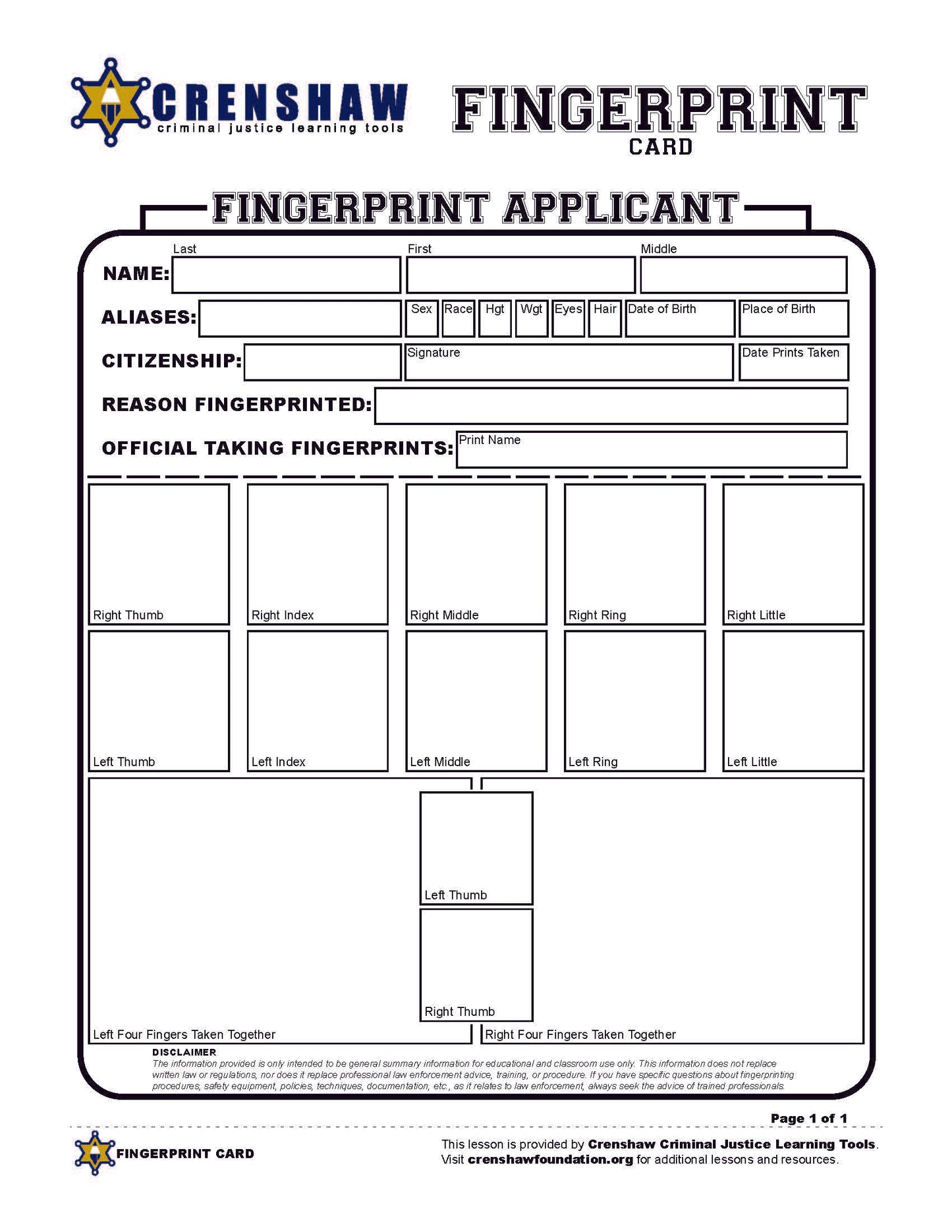 Fingerprint Card STUDENT WORKSHEET