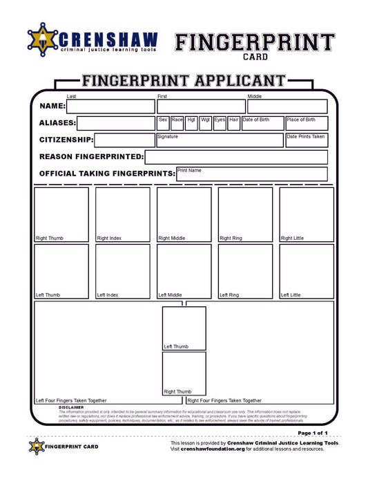 Fingerprint Card STUDENT WORKSHEET