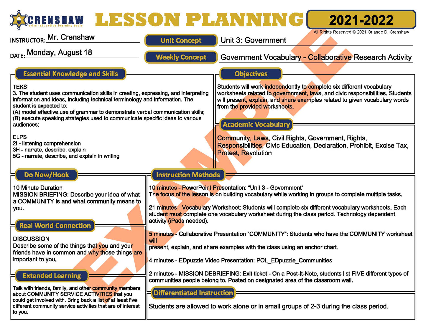 Criminal Justice Lesson Plan Template