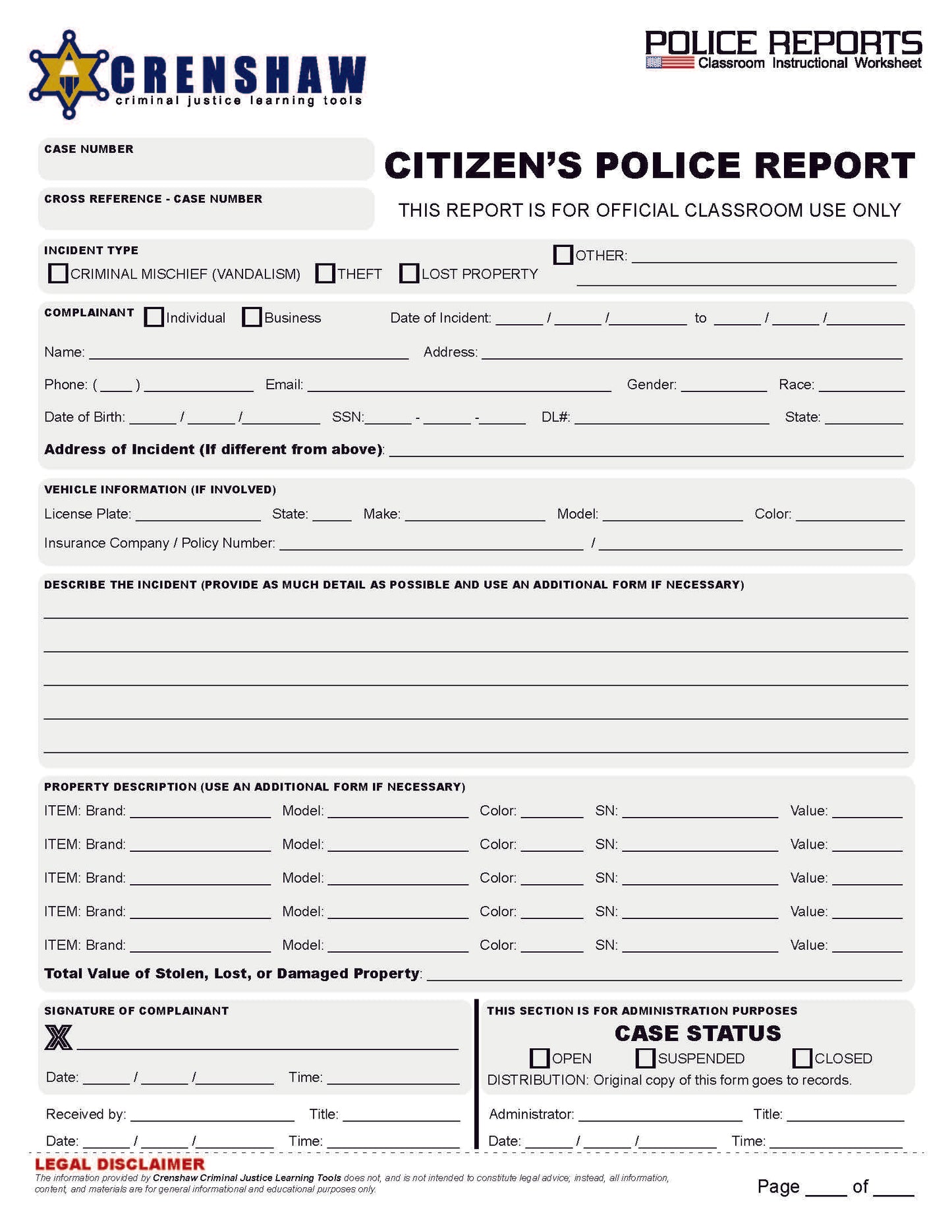 Police Incident Report STUDENT WORKSHEET