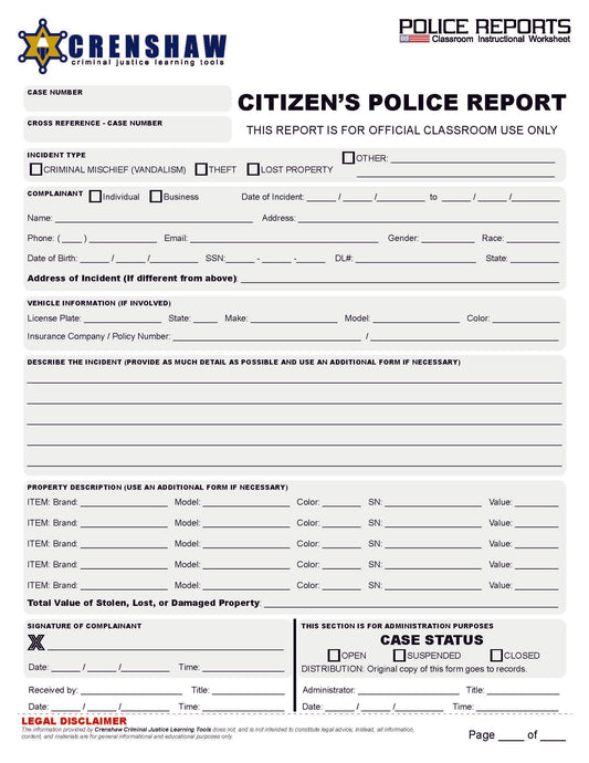 Police Incident Report STUDENT WORKSHEET