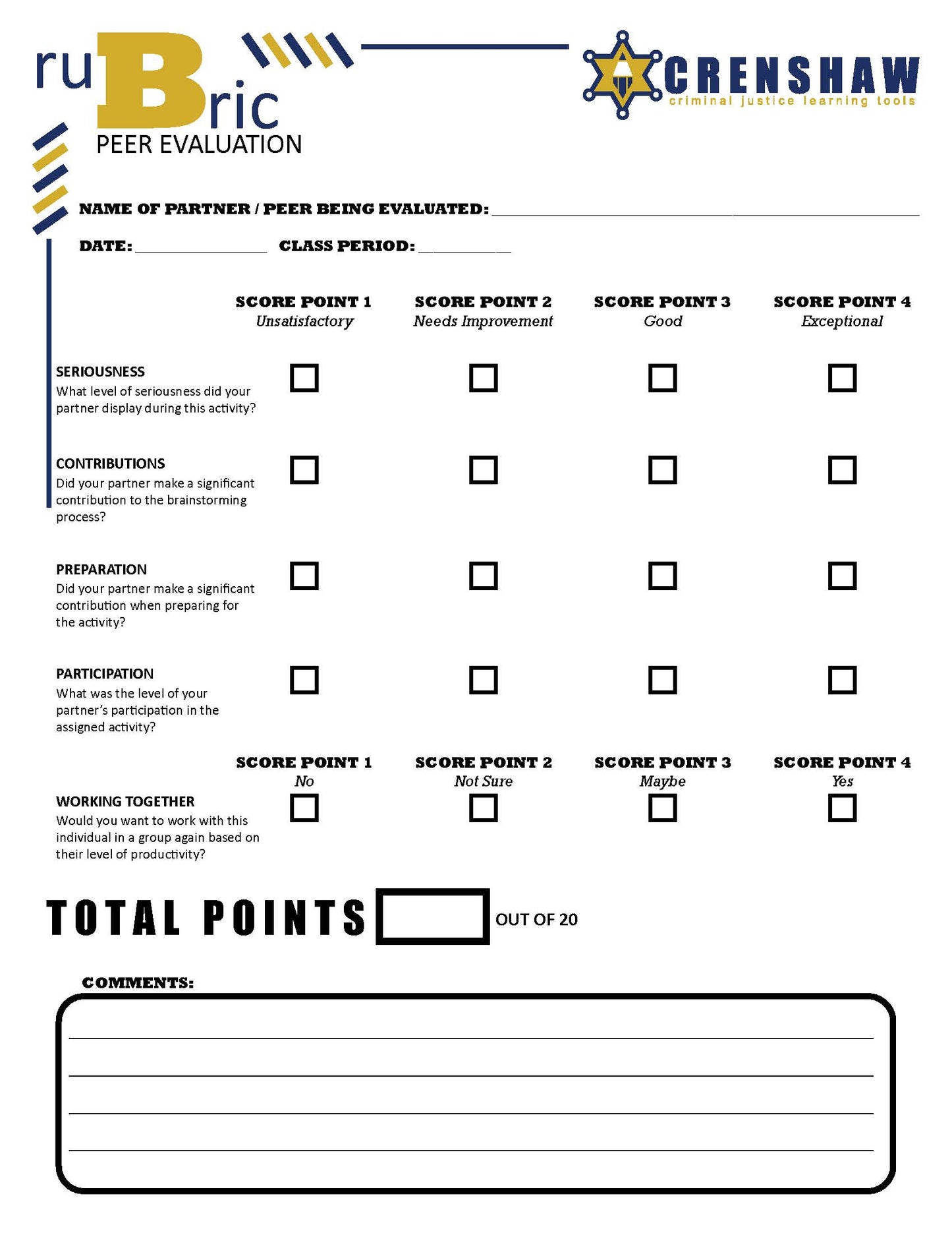 Rubric - PEER EVALUATION