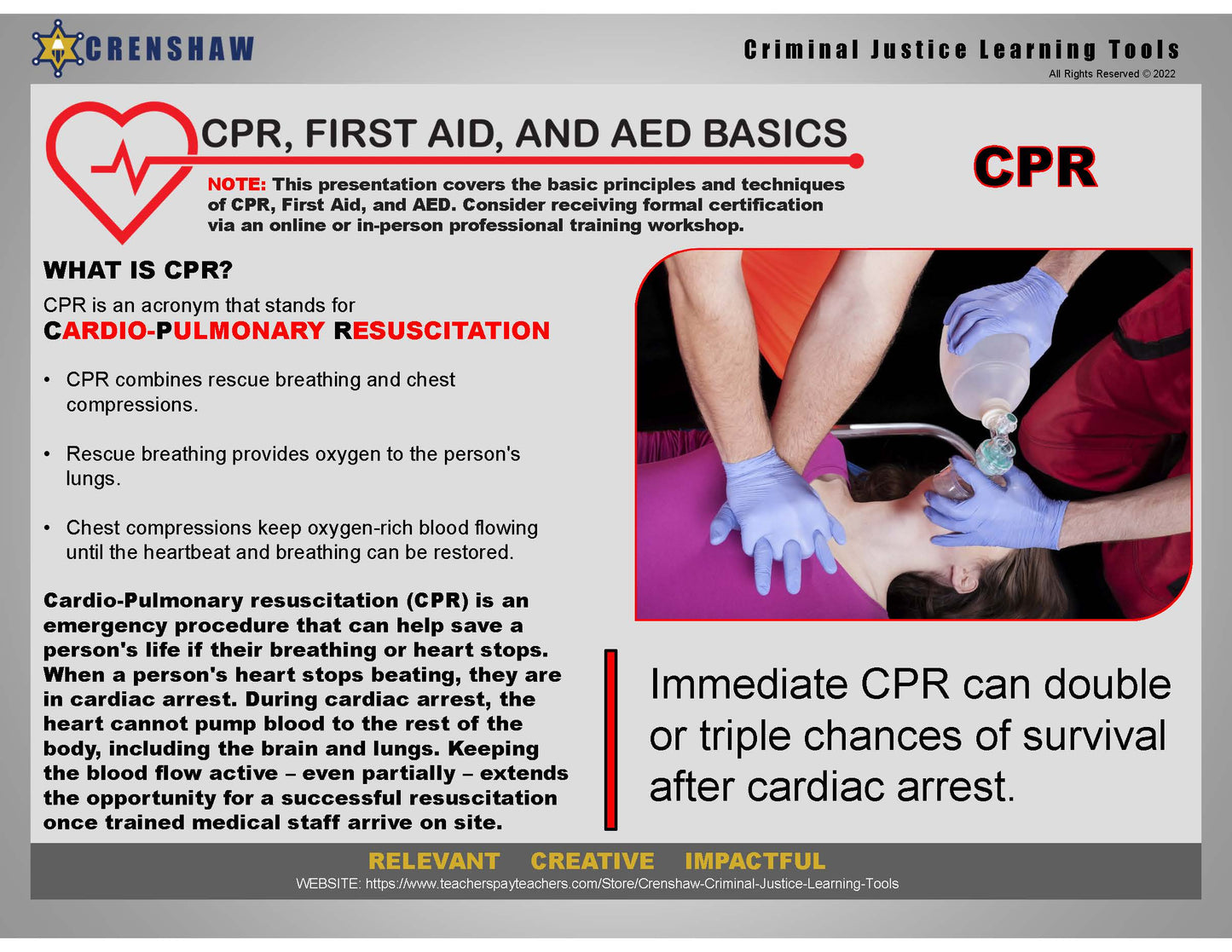 CPR, FIRST AID, AND AED BASICS - Criminal Justice PowerPoint