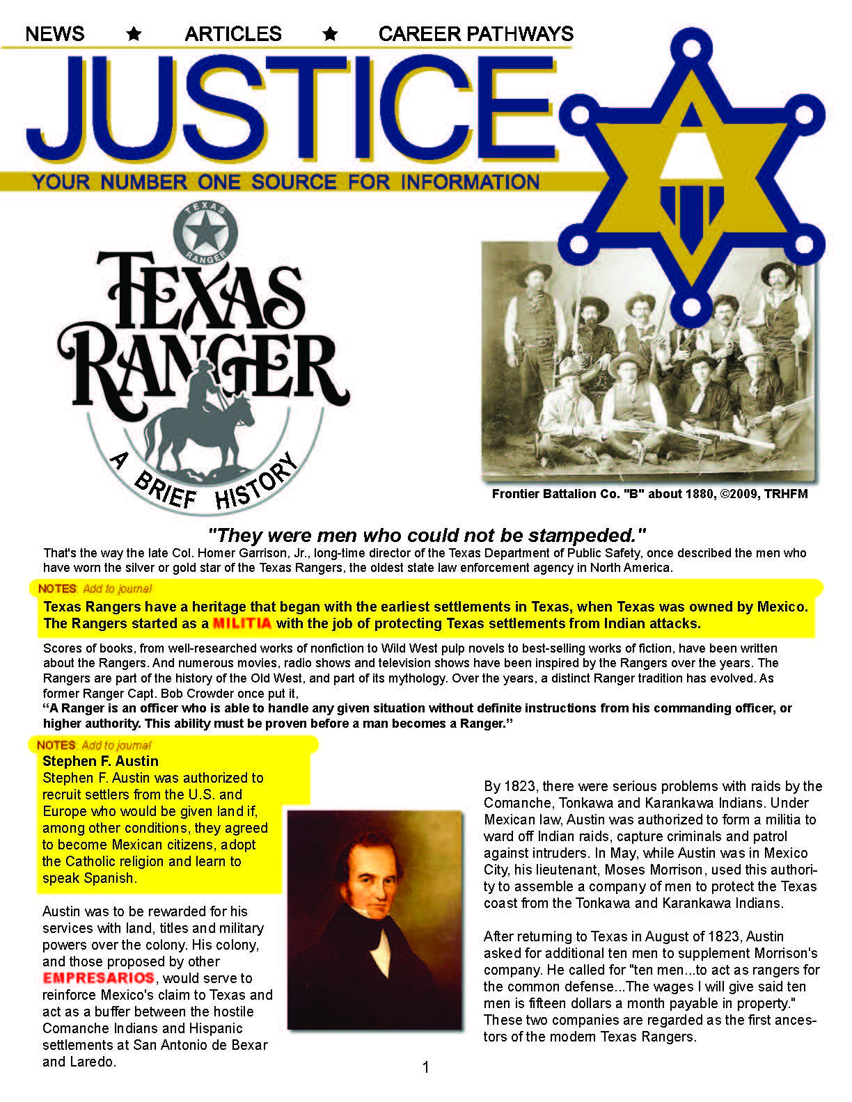 BRIEF HISTORY OF TEXAS RANGERS - Criminal Justice Periodical and Worksheet