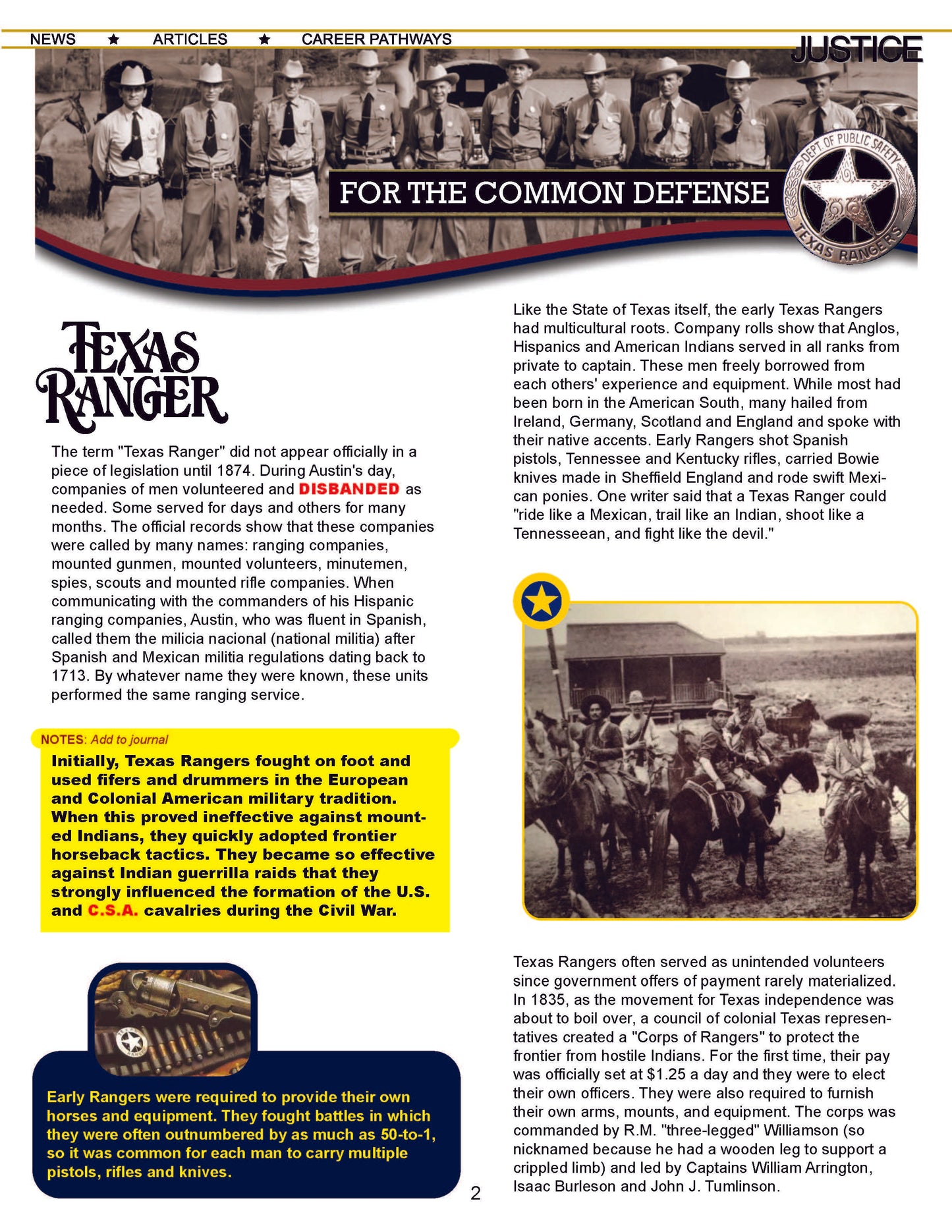 BRIEF HISTORY OF TEXAS RANGERS - Criminal Justice Periodical and Worksheet