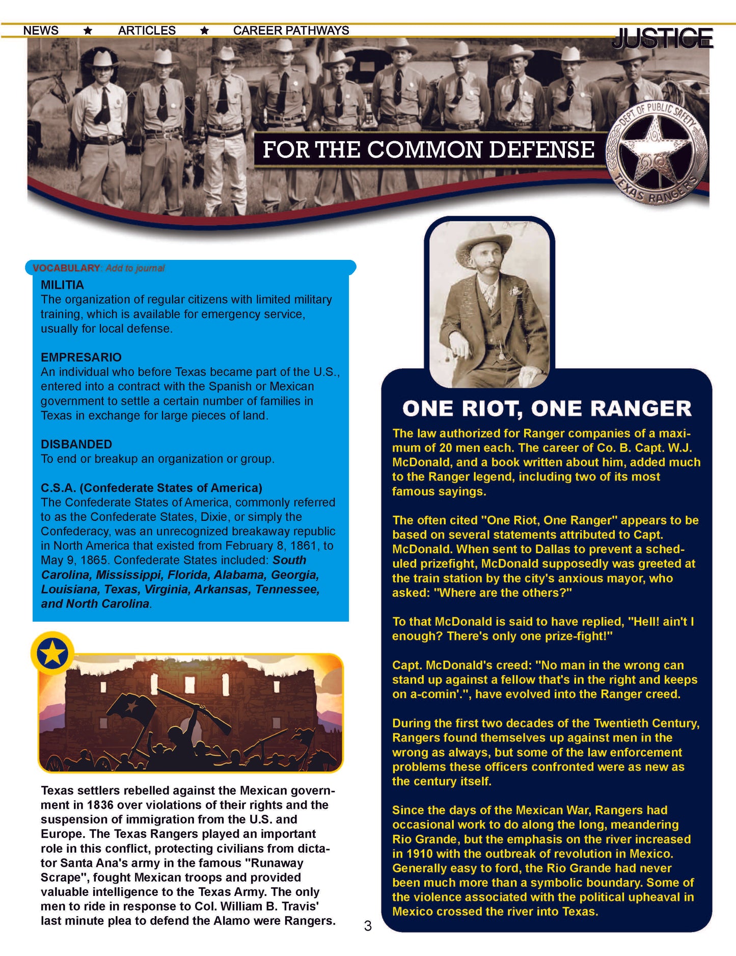 BRIEF HISTORY OF TEXAS RANGERS - Criminal Justice Periodical and Worksheet