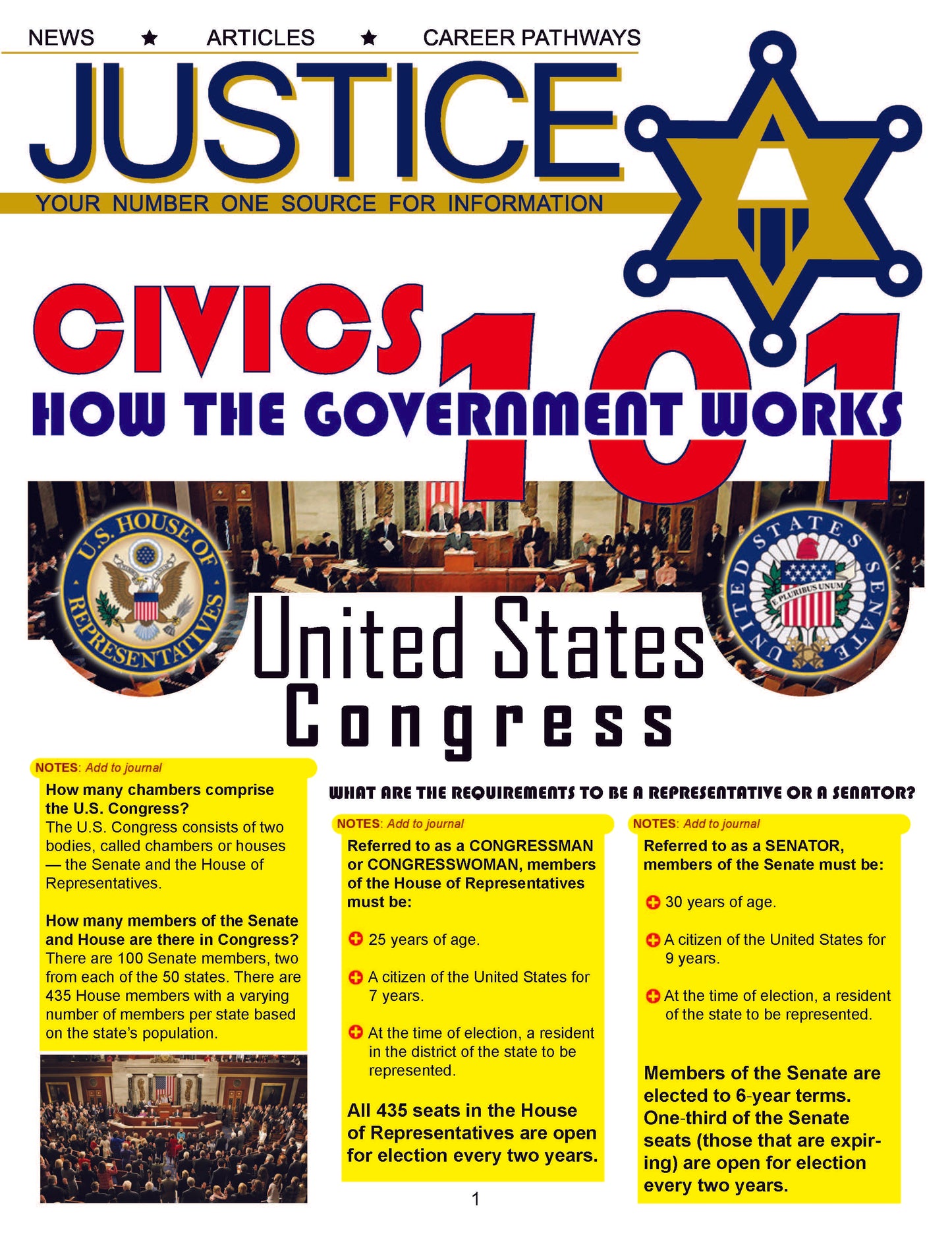 CIVICS 101 CONGRESS - Criminal Justice Periodical and Worksheet with Accommodations