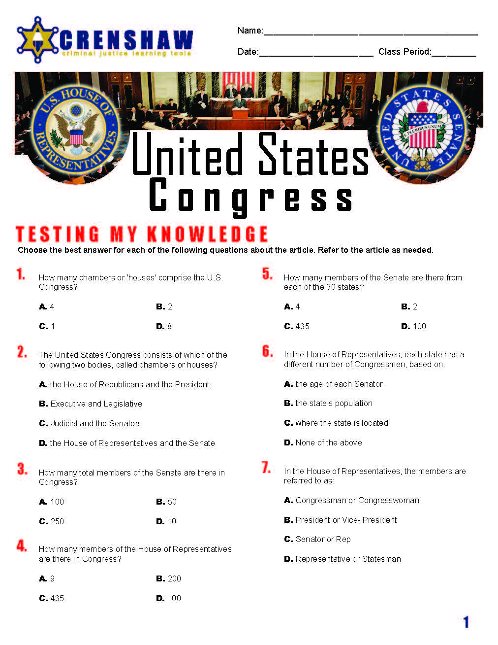 CIVICS 101 CONGRESS - Criminal Justice Periodical and Worksheet with Accommodations