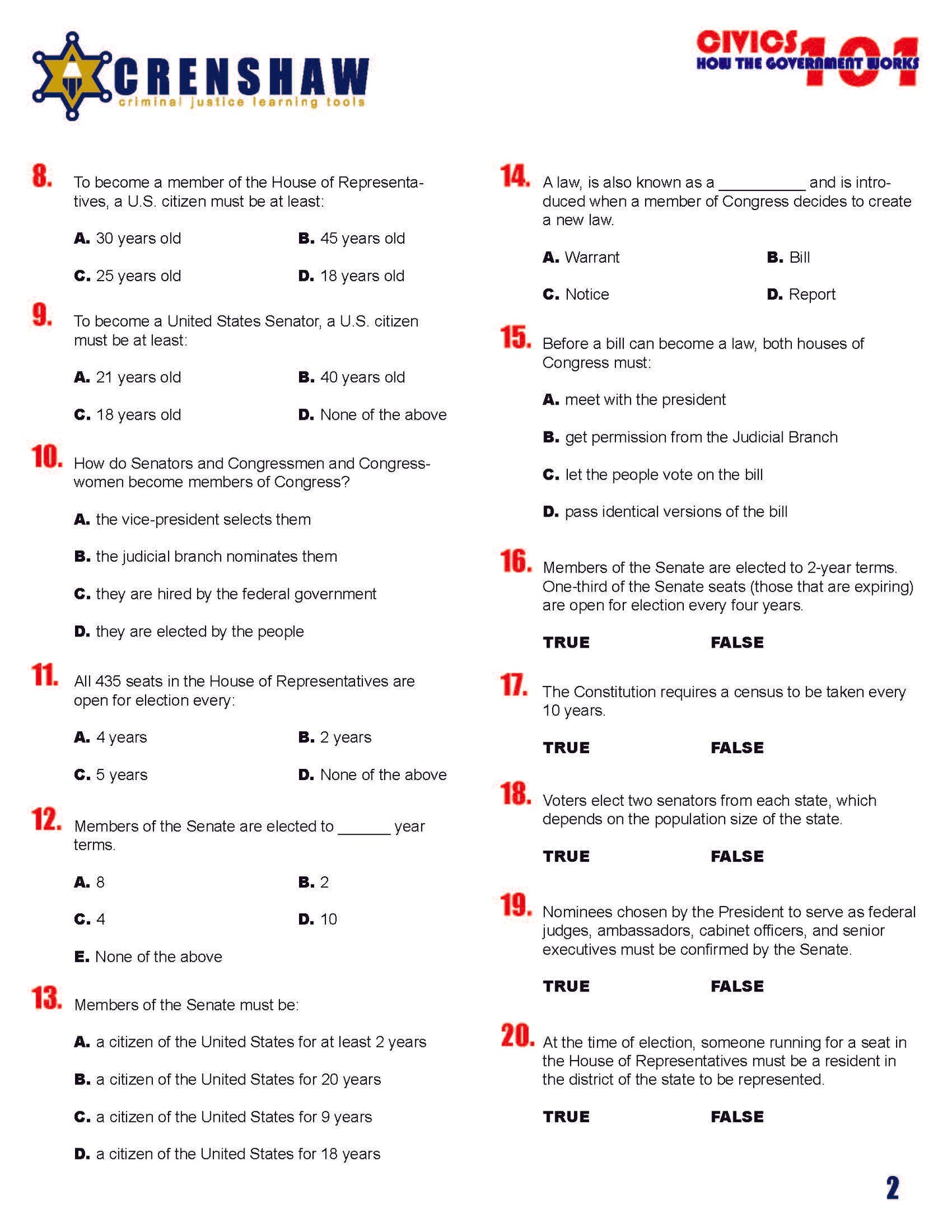 CIVICS 101 CONGRESS - Criminal Justice Periodical and Worksheet with Accommodations