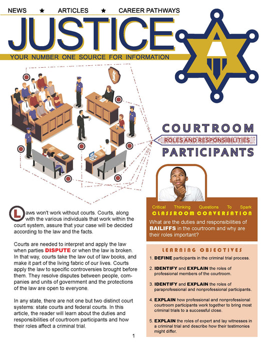 COURTROOM PARTICIPANTS - Criminal Justice Periodical and Worksheet with Accommodations