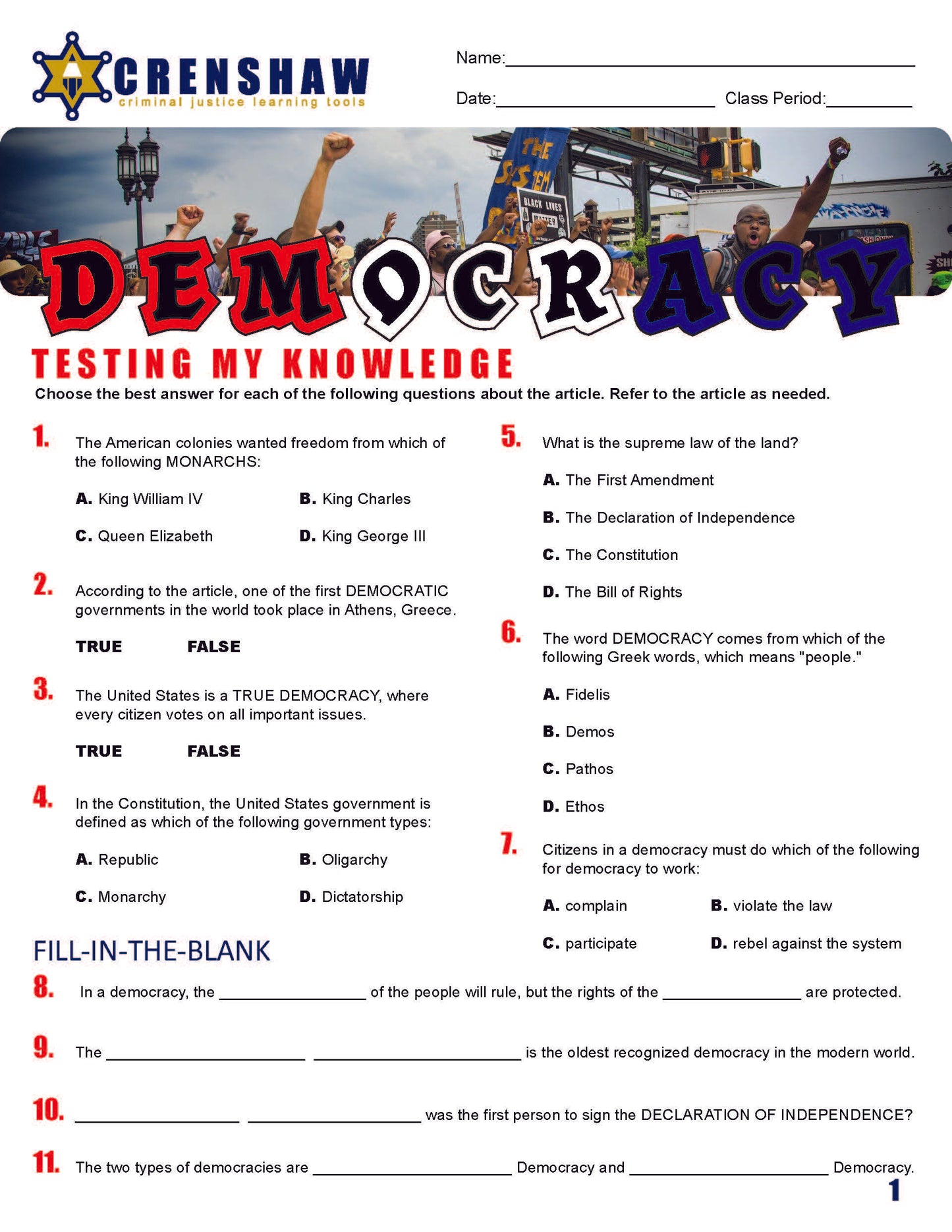 DEMOCRACY - Criminal Justice Periodical and Worksheet