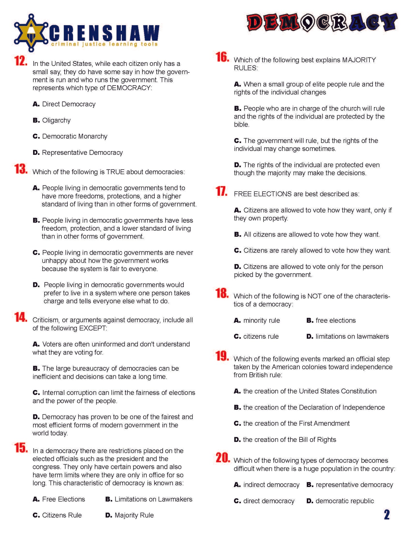 DEMOCRACY - Criminal Justice Periodical and Worksheet