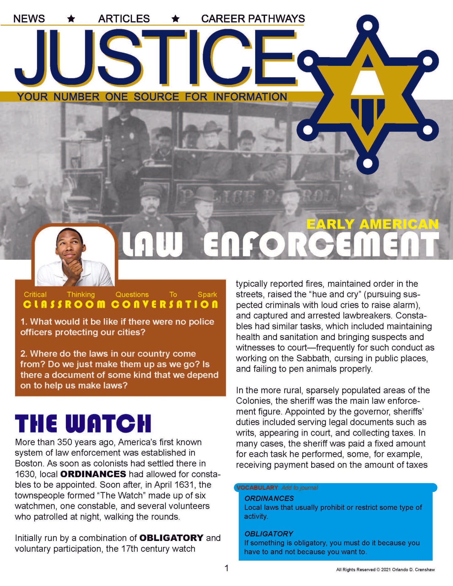 EARLY AMERICAN LAW ENFORCEMENT - Criminal Justice Periodical and Worksheet