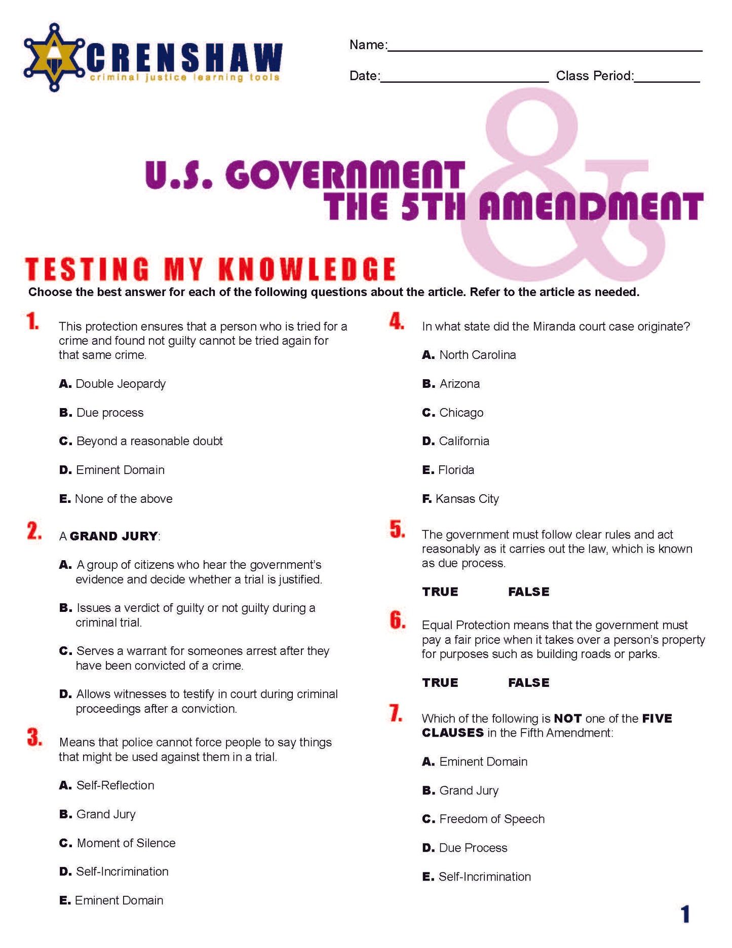 FIFTH AMENDMENT - Criminal Justice Periodical and Worksheet