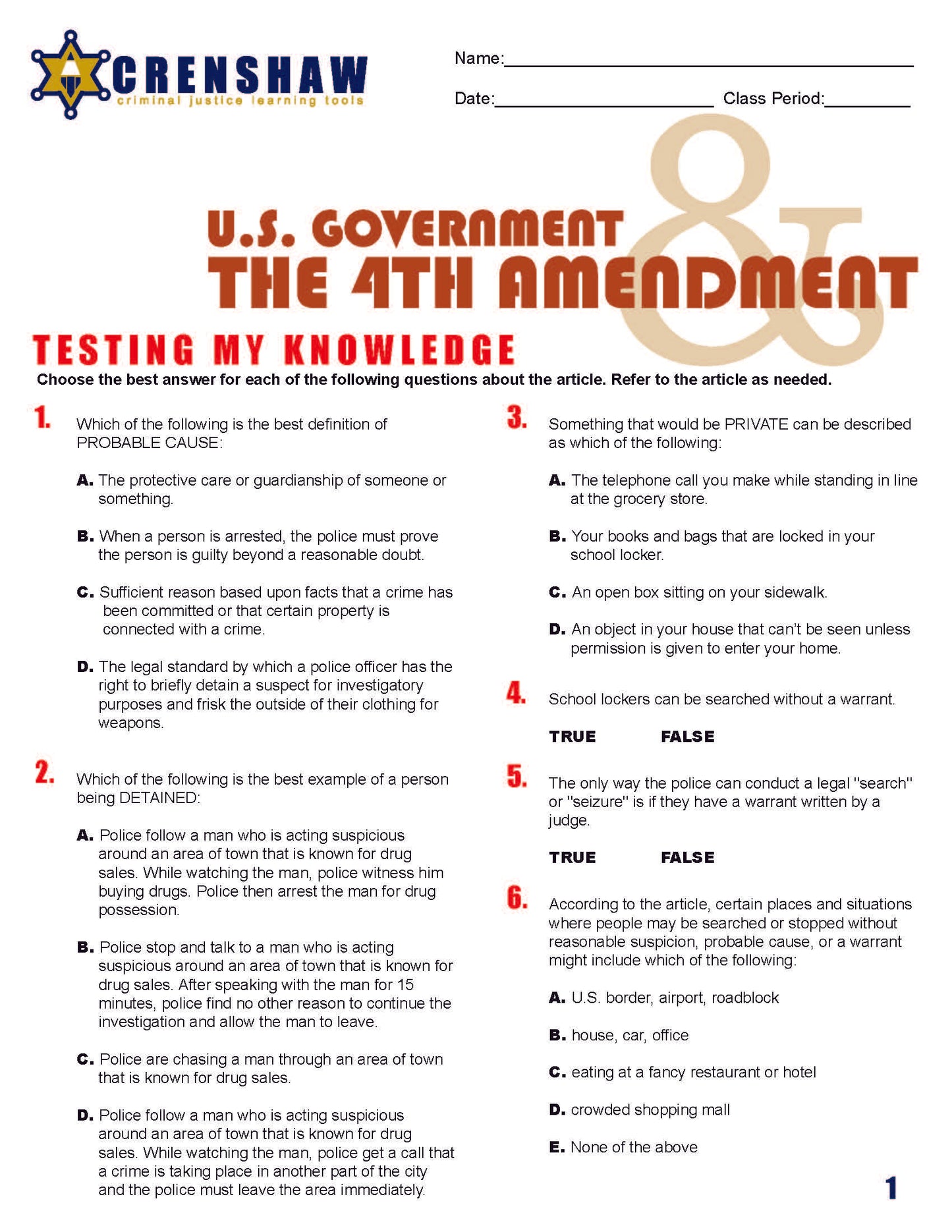 FOURTH AMENDMENT - Criminal Justice Periodical and Worksheet