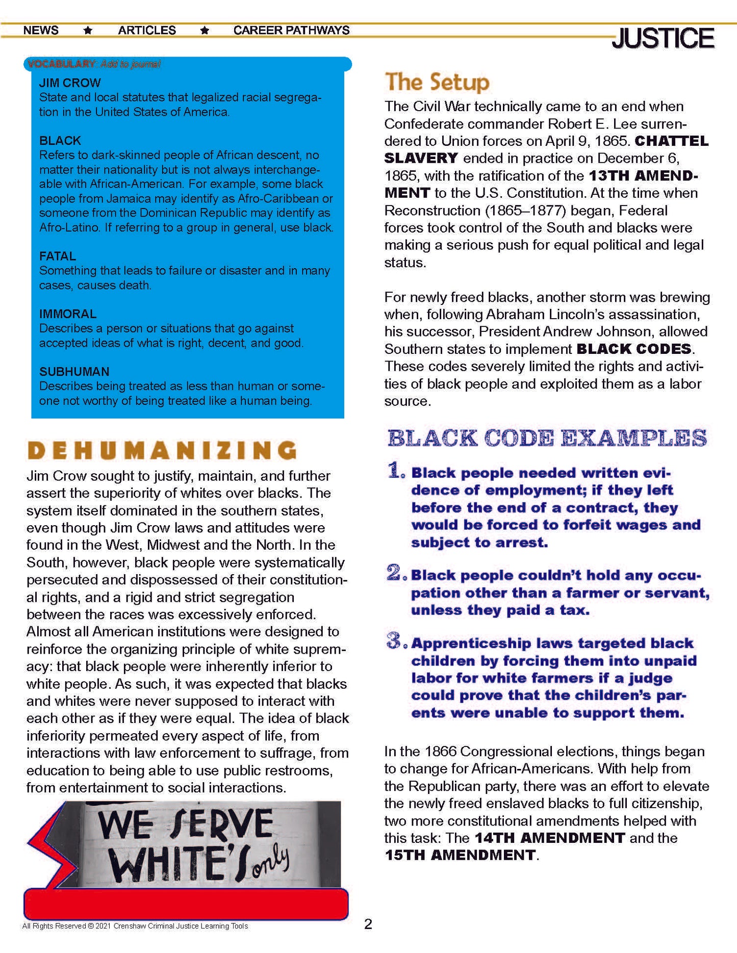 JIM CROW - Criminal Justice Periodical and Worksheet