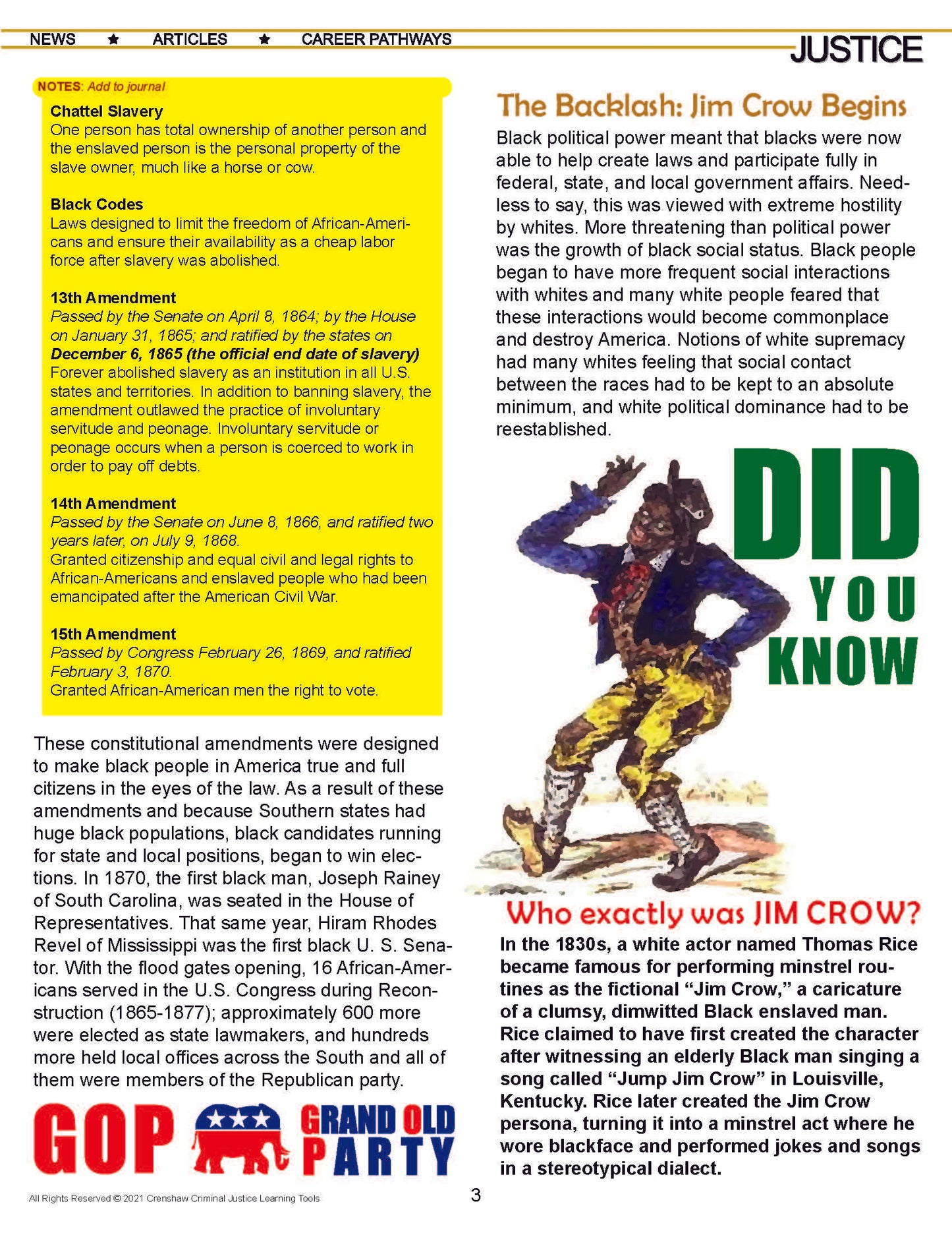 JIM CROW - Criminal Justice Periodical and Worksheet