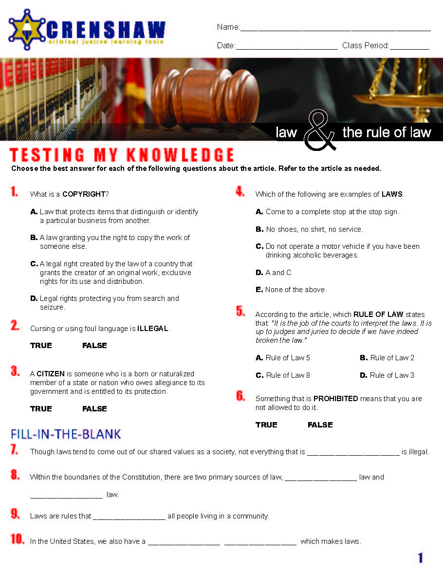 LAW AND THE RULE OF LAW - Criminal Justice Periodical and Worksheet with Accommodations