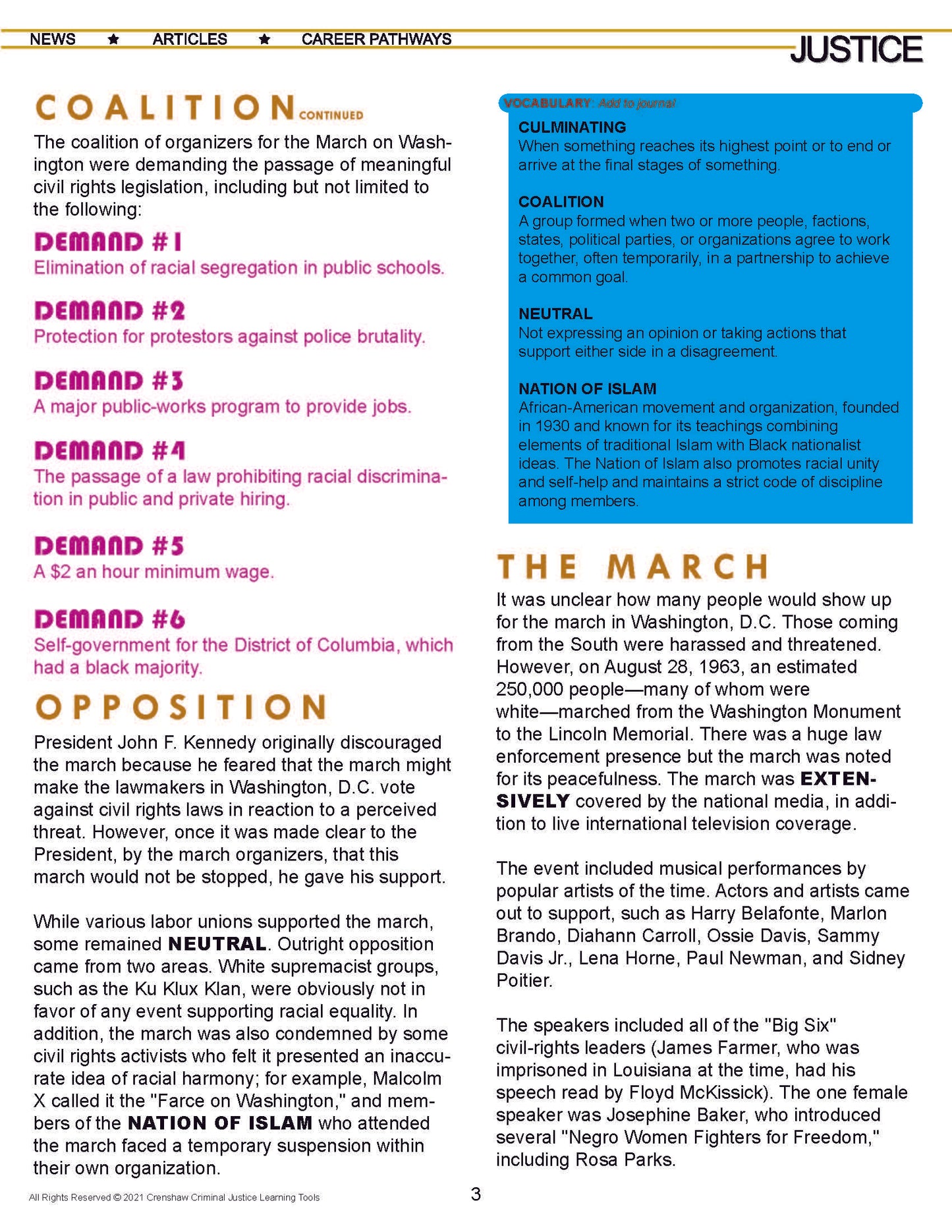 MARCH ON WASHINGTON - Criminal Justice Periodical and Worksheet with Accommodations