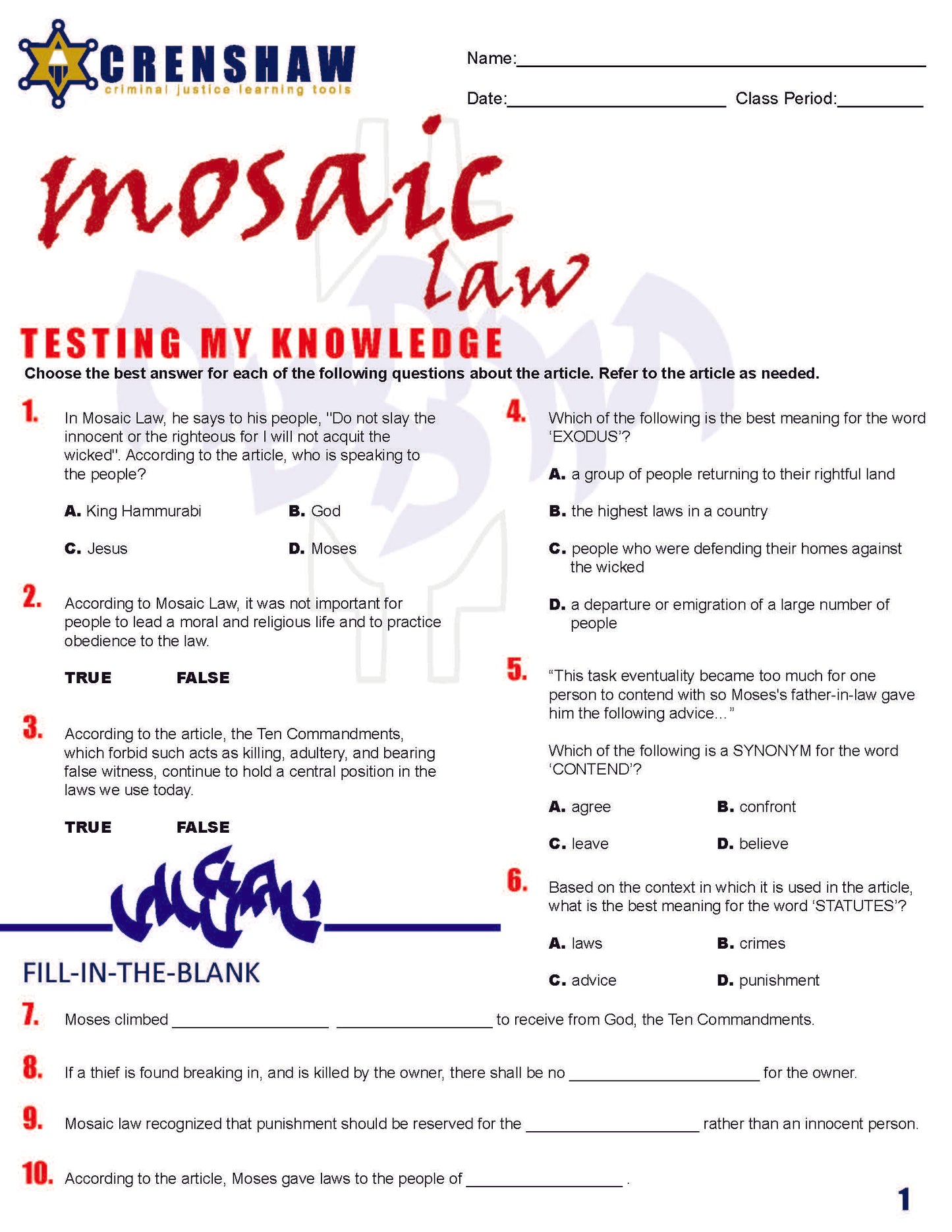 MOSAIC LAW - Criminal Justice Periodical and Worksheet