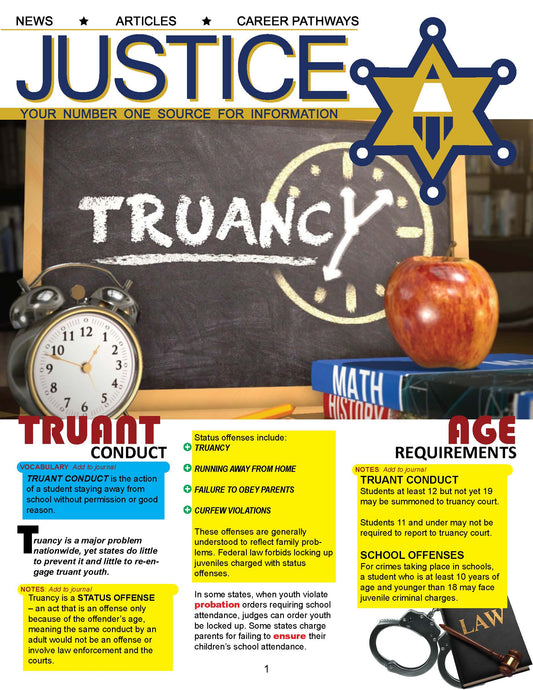 TRUANCY - Criminal Justice Periodical and Worksheet with Accommodations