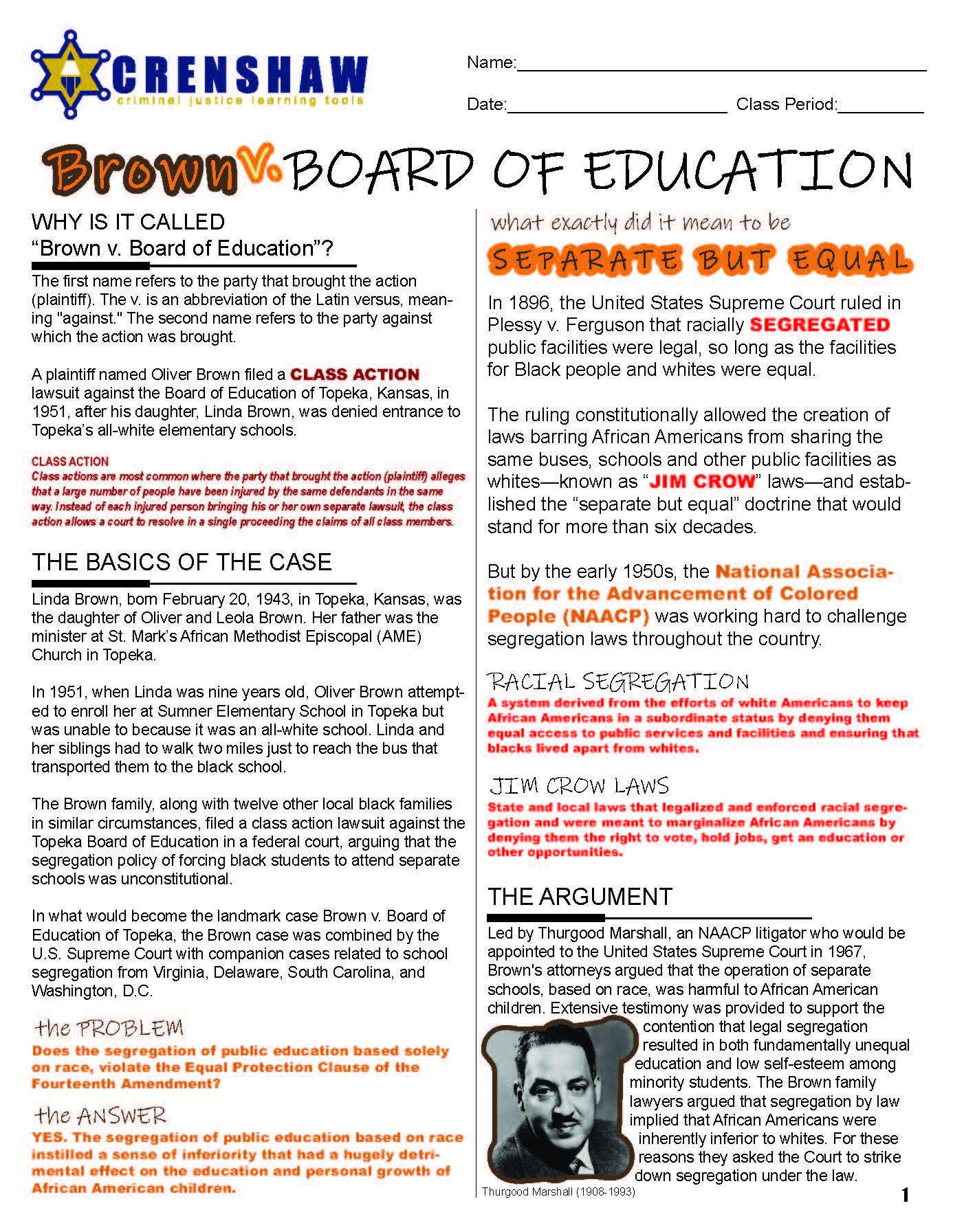 Brown v. Board of Education - Criminal Justice Worksheet and Answer Key