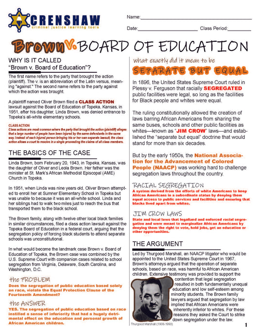 Brown v. Board of Education - Criminal Justice Worksheet and Answer Key