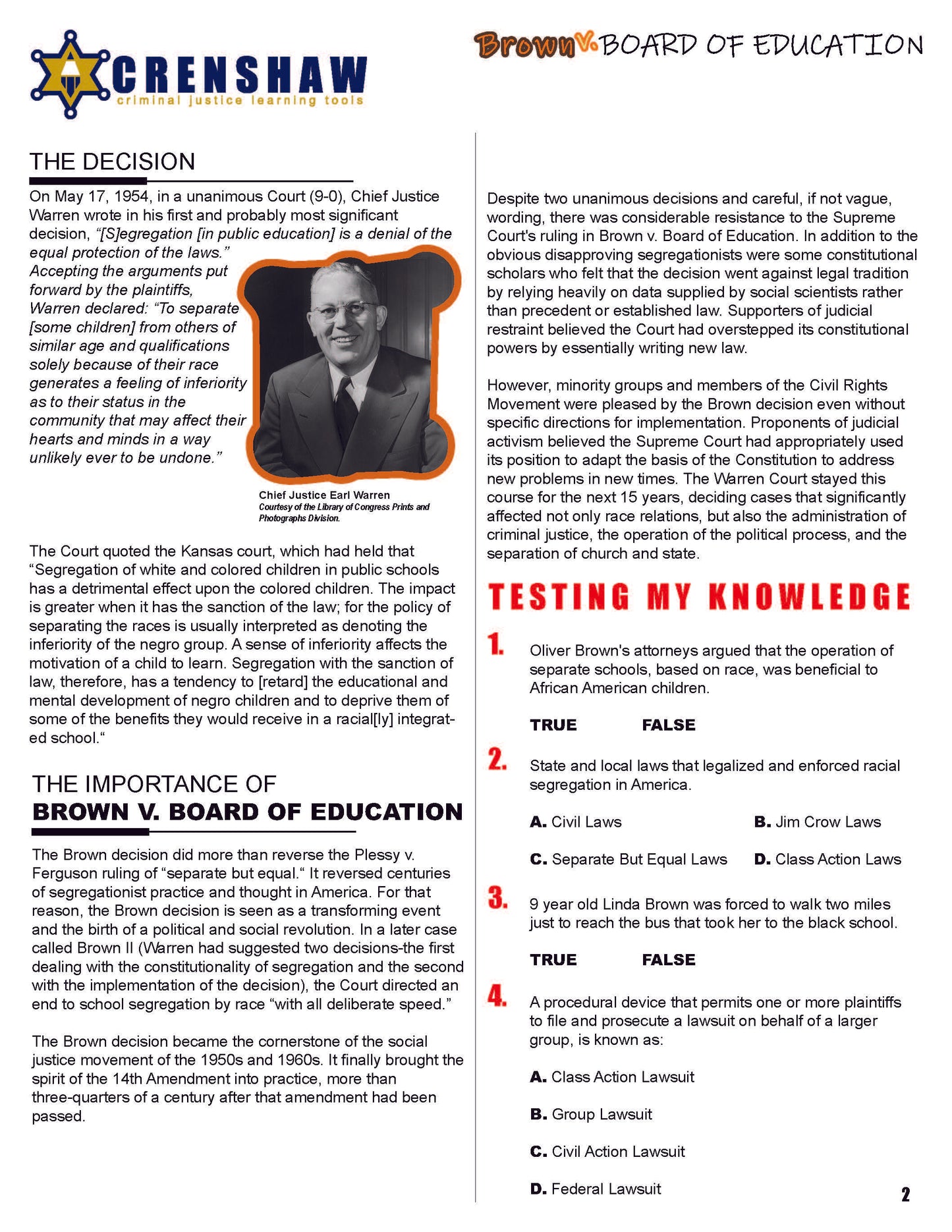 Brown v. Board of Education - Criminal Justice Worksheet and Answer Key