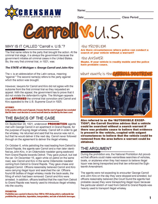 Carroll v. U.S. - Criminal Justice Worksheet and Answer Key