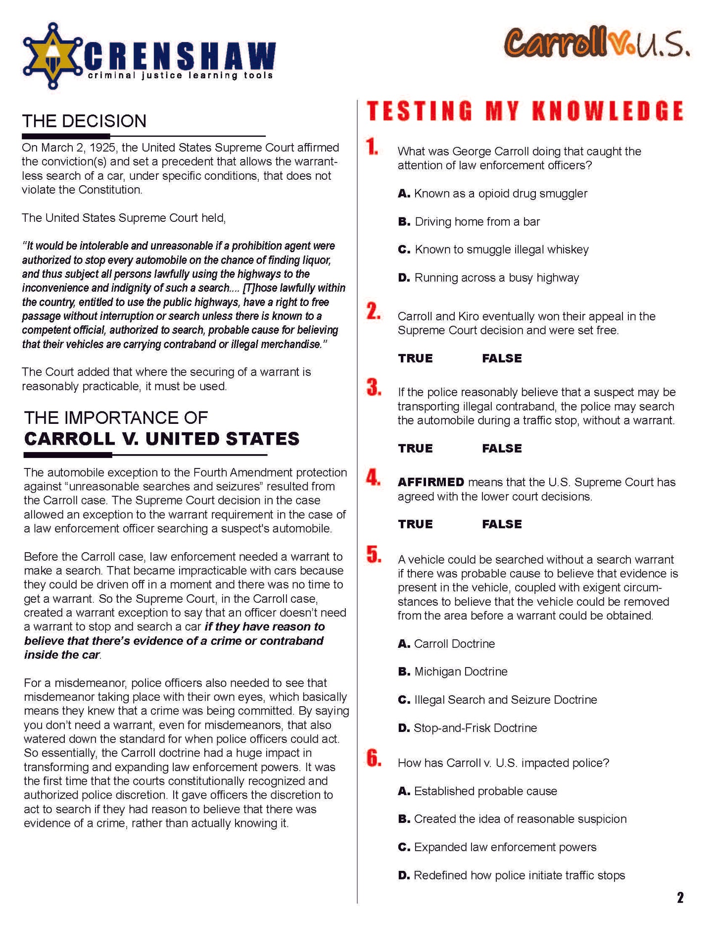 Carroll v. U.S. - Criminal Justice Worksheet and Answer Key