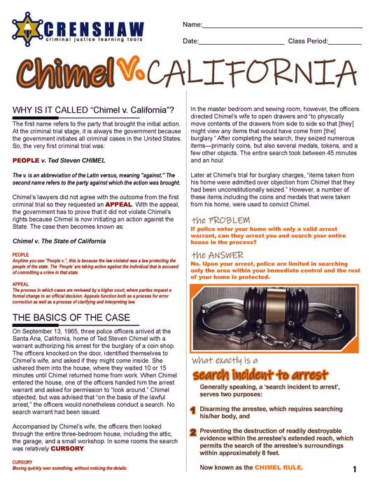 Chimel v. California - Criminal Justice Worksheet and Answer Key