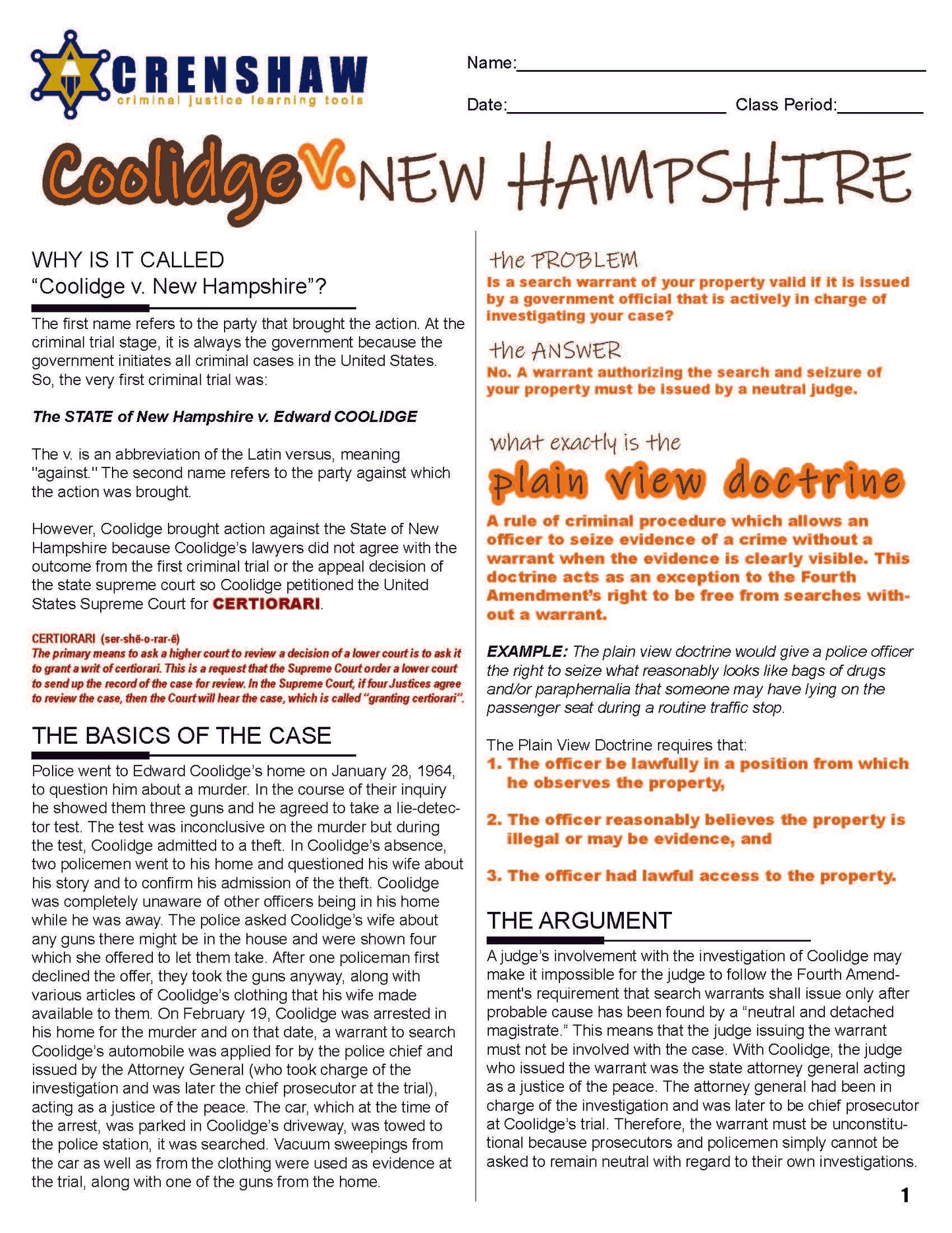 Coolidge v. New Hampshire - Criminal Justice Worksheet and Answer Key