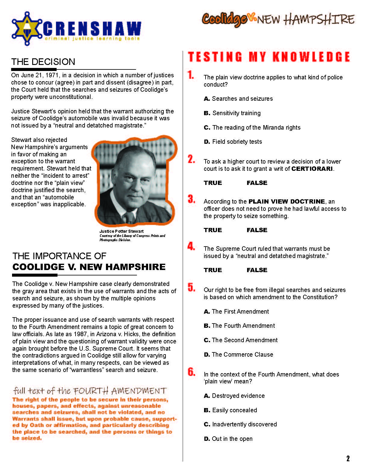 Coolidge v. New Hampshire - Criminal Justice Worksheet and Answer Key