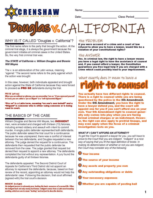 Douglas v. California - Criminal Justice Worksheet and Answer Key