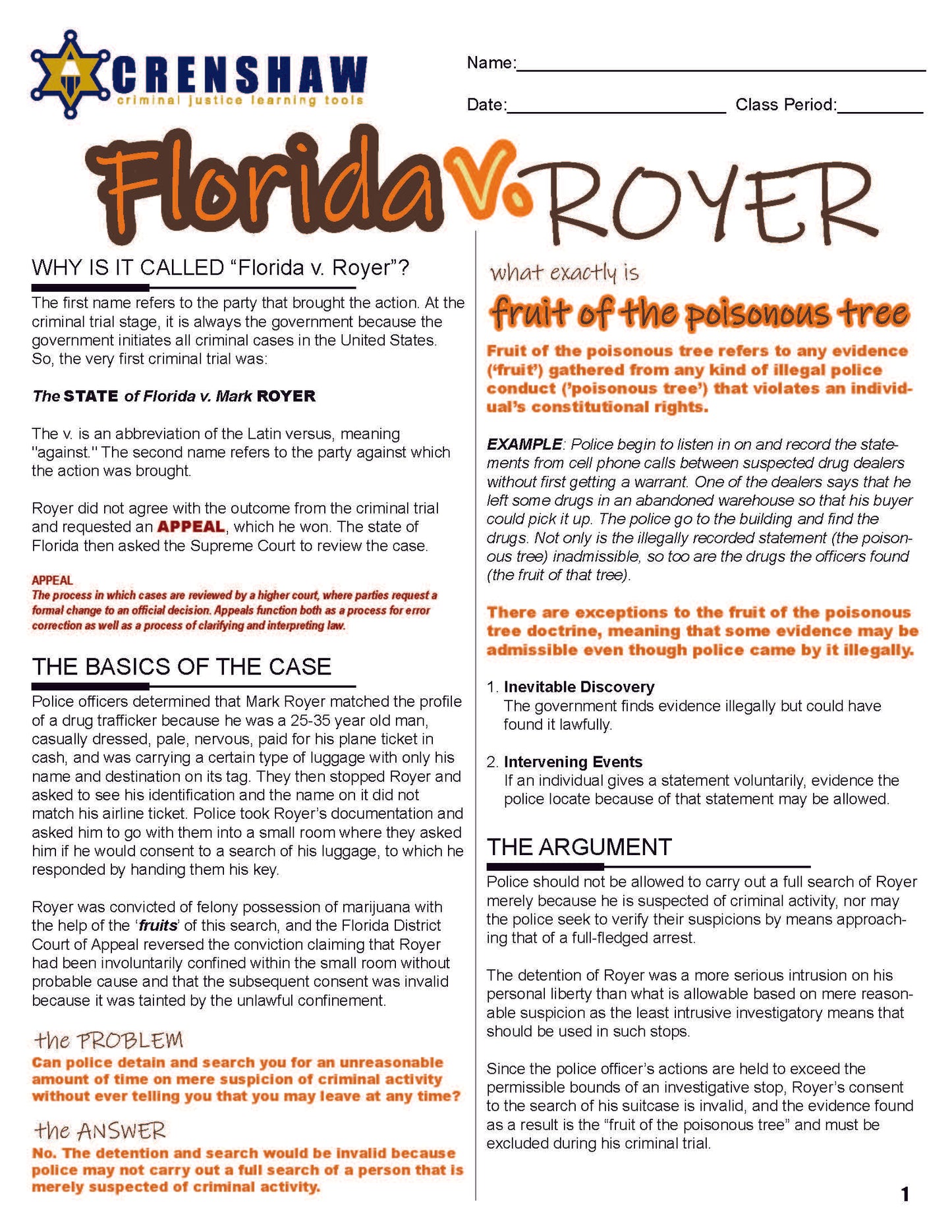 Florida v. Royer - Criminal Justice Worksheet and Answer Key