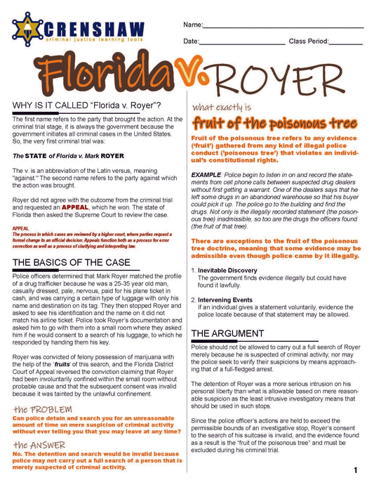 Florida v. Royer - Criminal Justice Worksheet and Answer Key