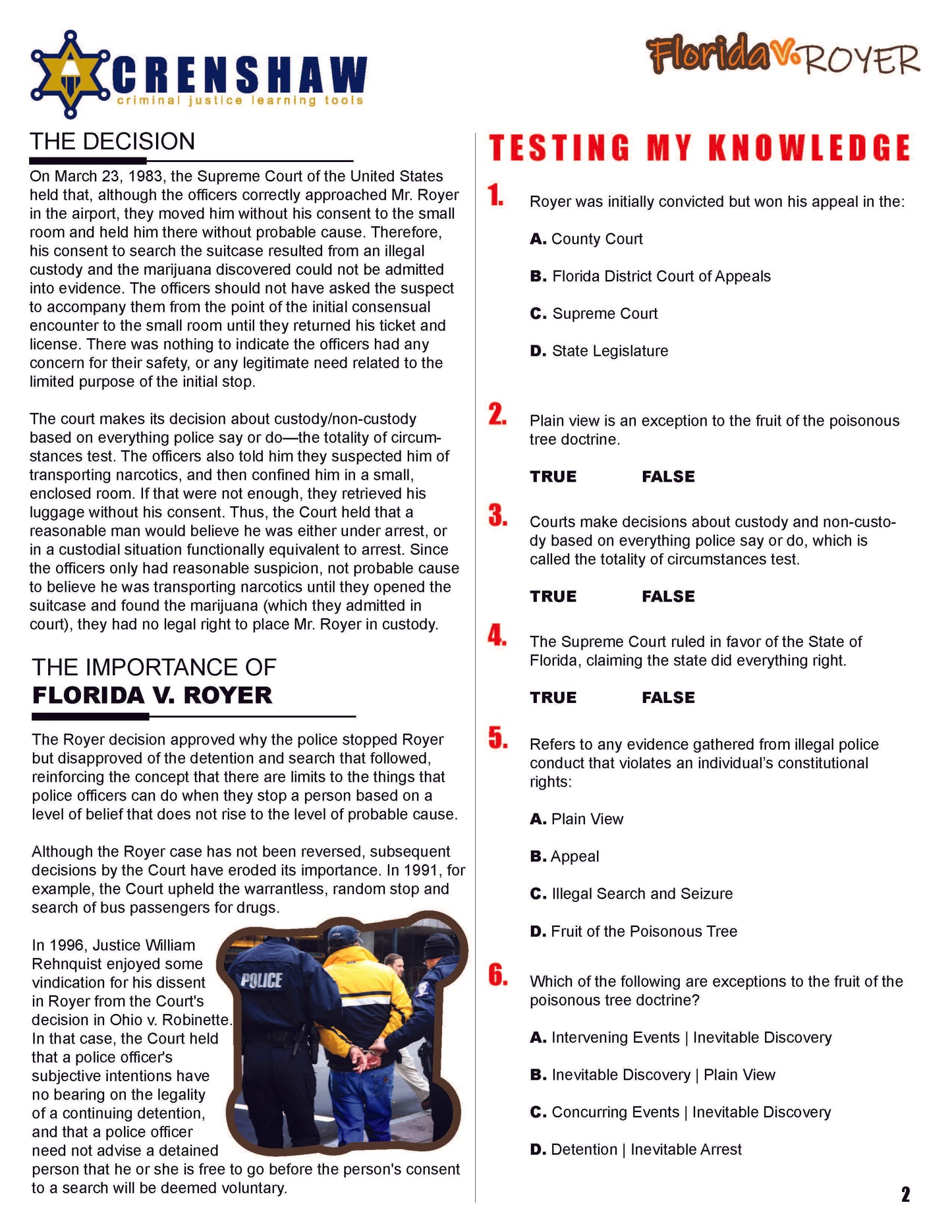 Florida v. Royer - Criminal Justice Worksheet and Answer Key