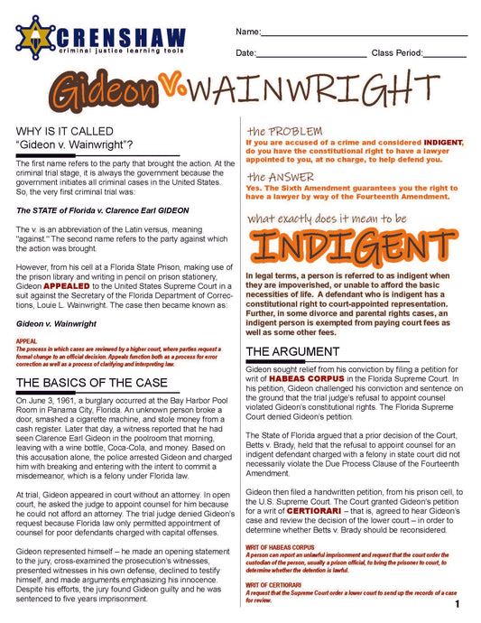 Gideon v. Wainwright - Criminal Justice Worksheet and Answer Key