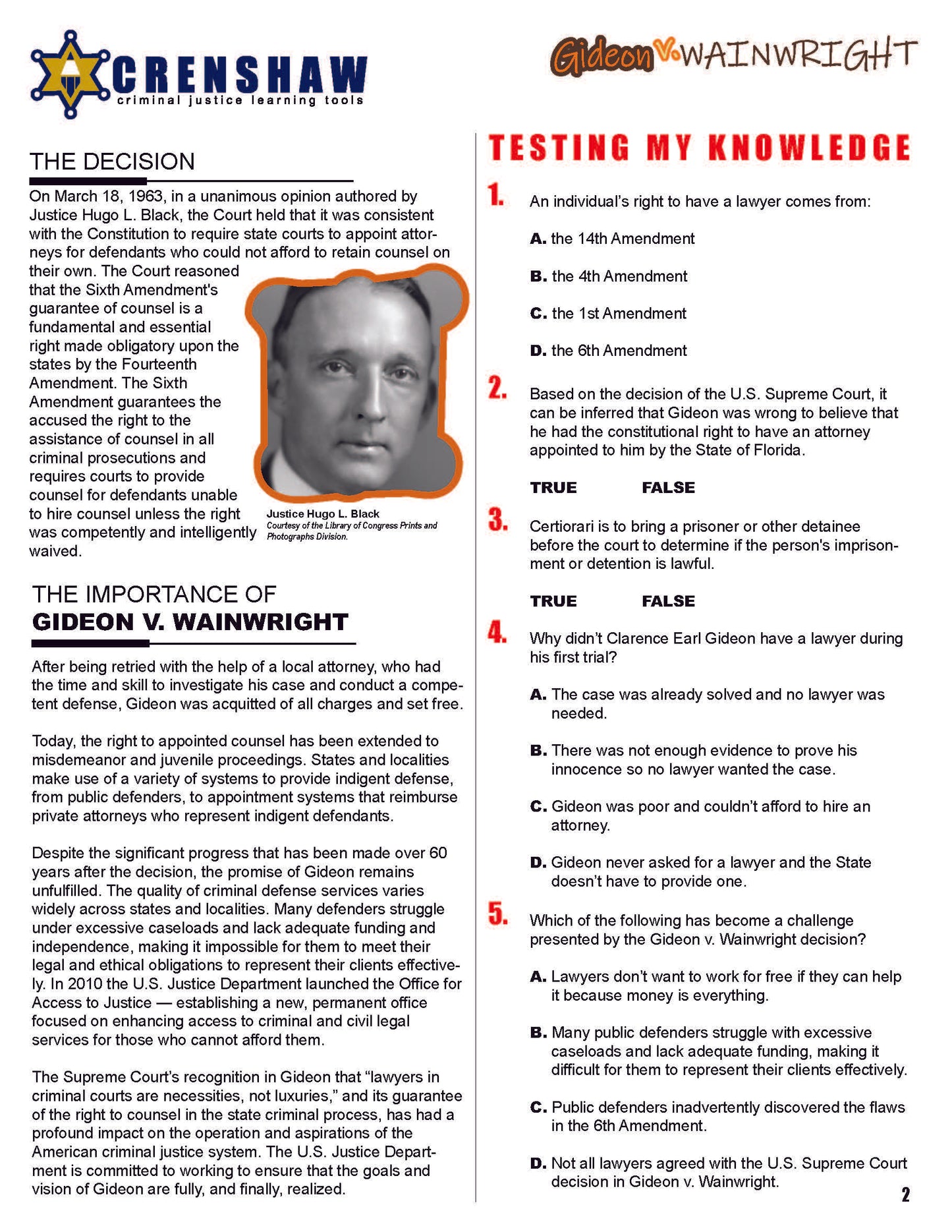 Gideon v. Wainwright - Criminal Justice Worksheet and Answer Key