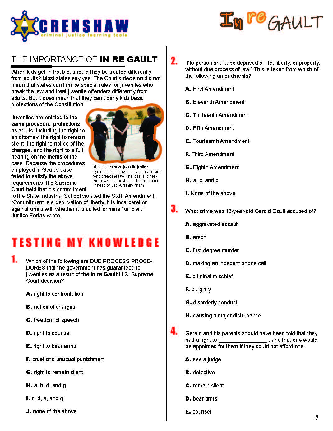 In re Gault Juvenile Case - Criminal Justice Worksheet and Answer Key