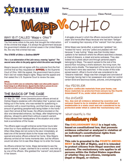 Mapp v. Ohio - Criminal Justice Worksheet and Answer Key