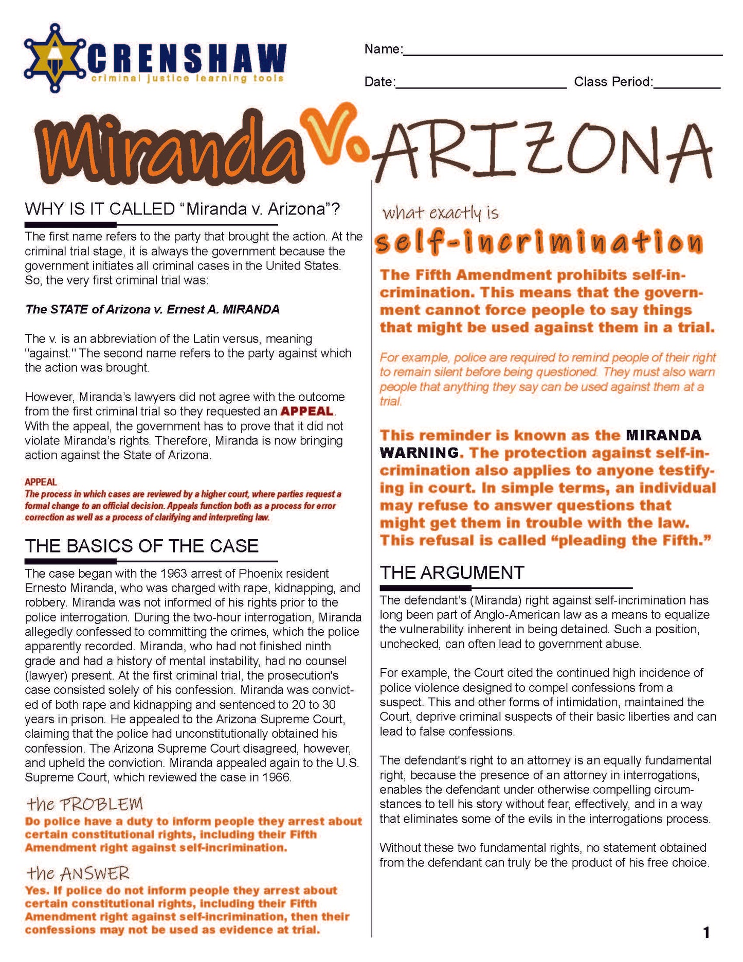 Miranda v. Arizona - Criminal Justice Worksheet and Answer Key