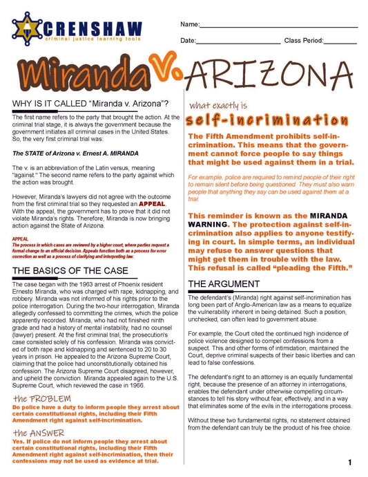 Miranda v. Arizona - Criminal Justice Worksheet and Answer Key