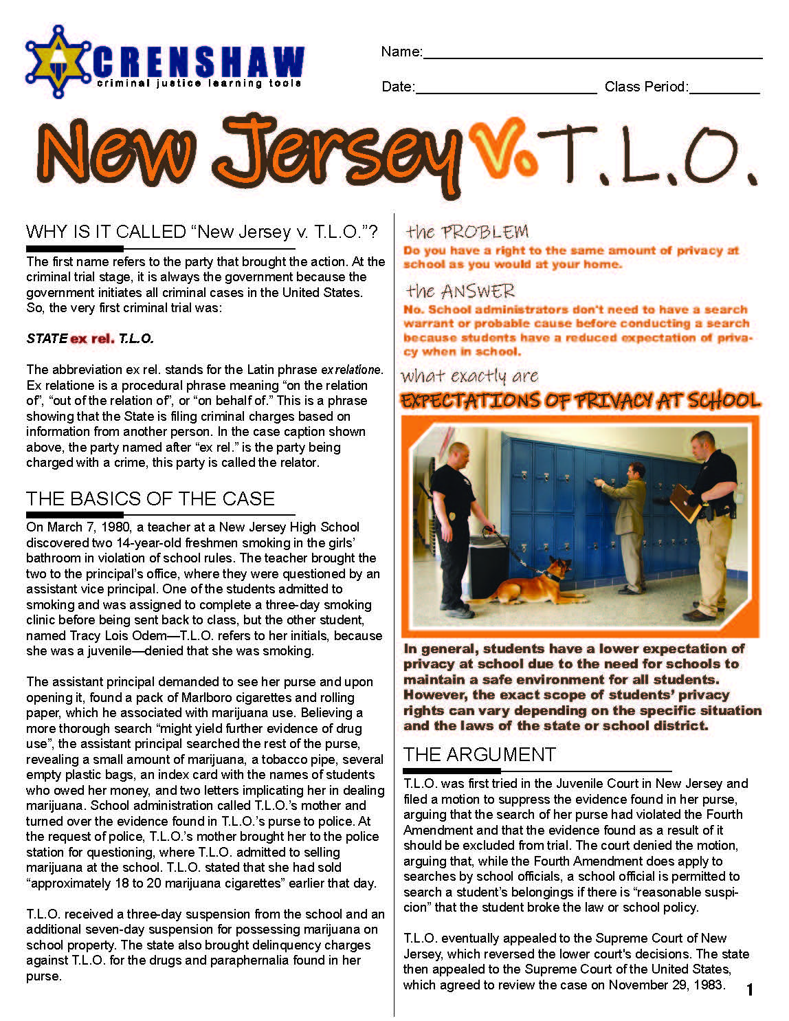 New Jersey v. T.L.O. - Criminal Justice Worksheet and Answer Key