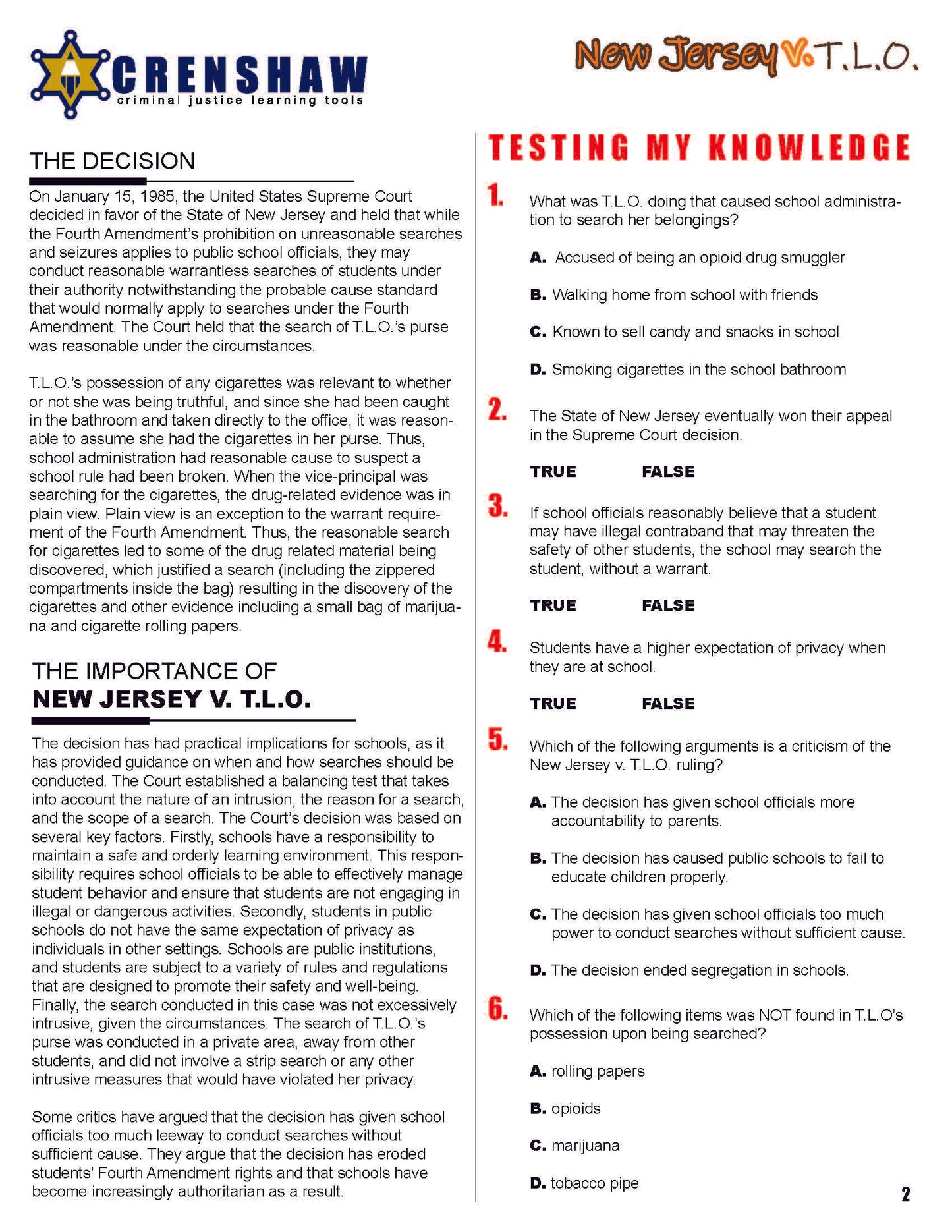 New Jersey v. T.L.O. - Criminal Justice Worksheet and Answer Key