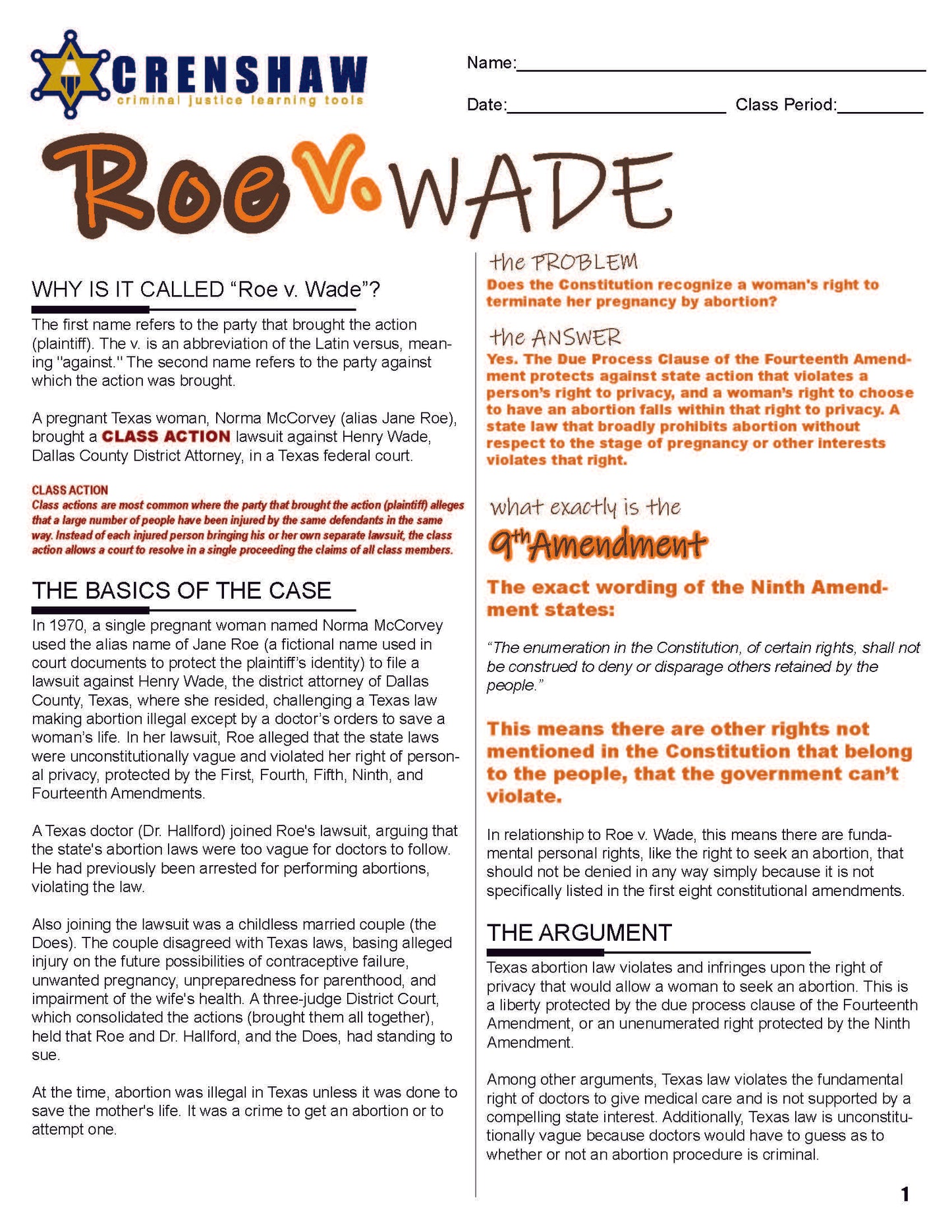 Roe v. Wade - Criminal Justice Worksheet and Answer Key