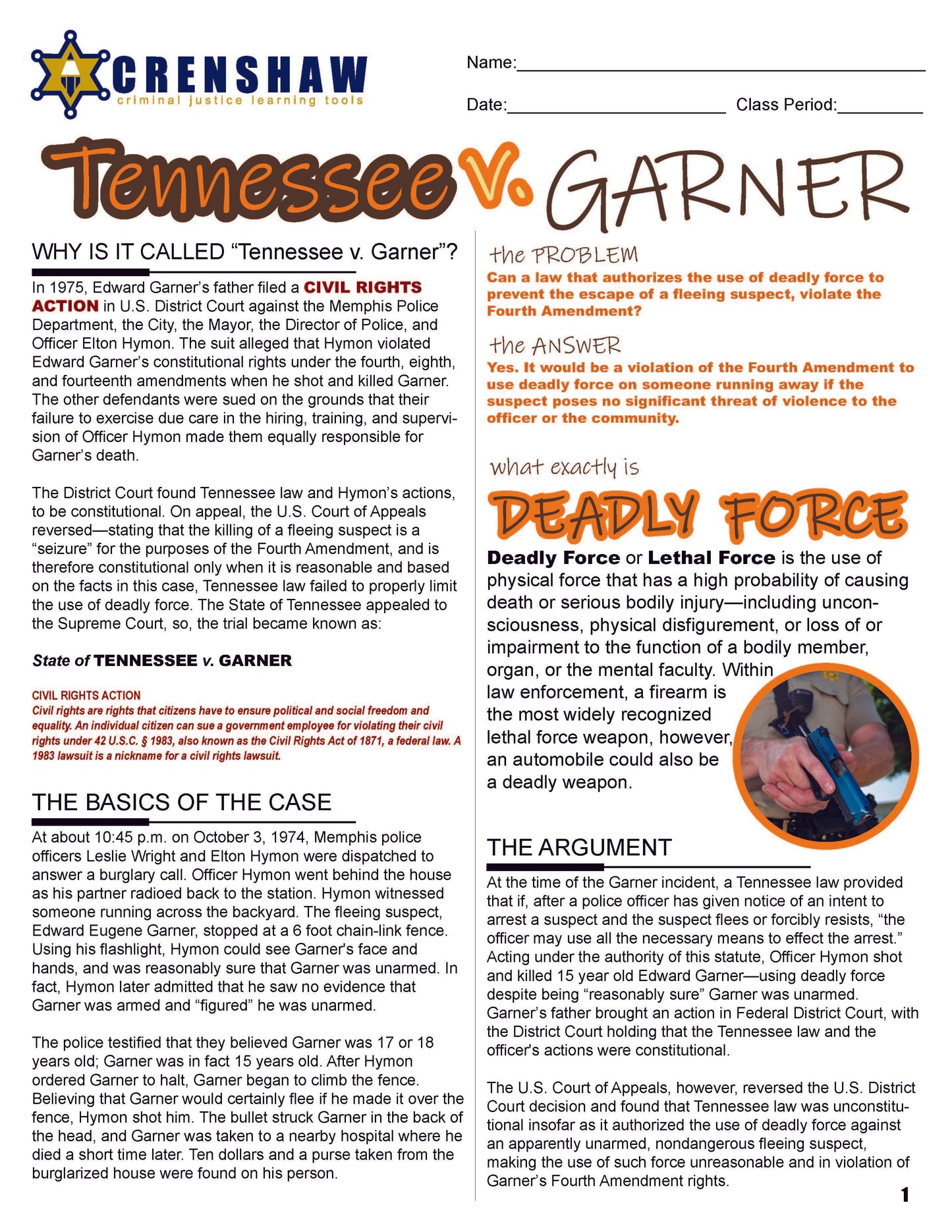 Tennessee v. Garner - Criminal Justice Worksheet and Answer Key