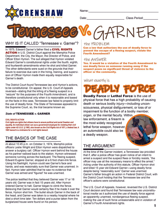 Tennessee v. Garner - Criminal Justice Worksheet and Answer Key