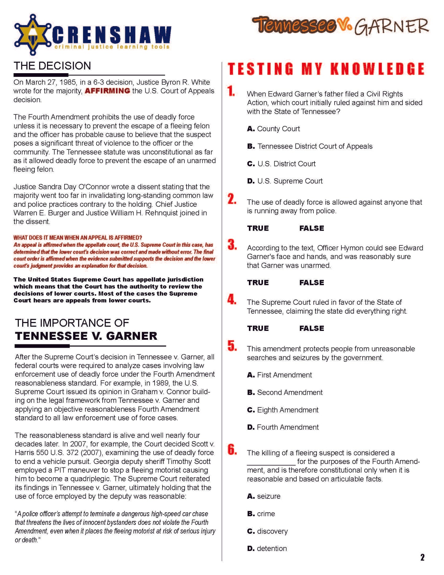 Tennessee v. Garner - Criminal Justice Worksheet and Answer Key