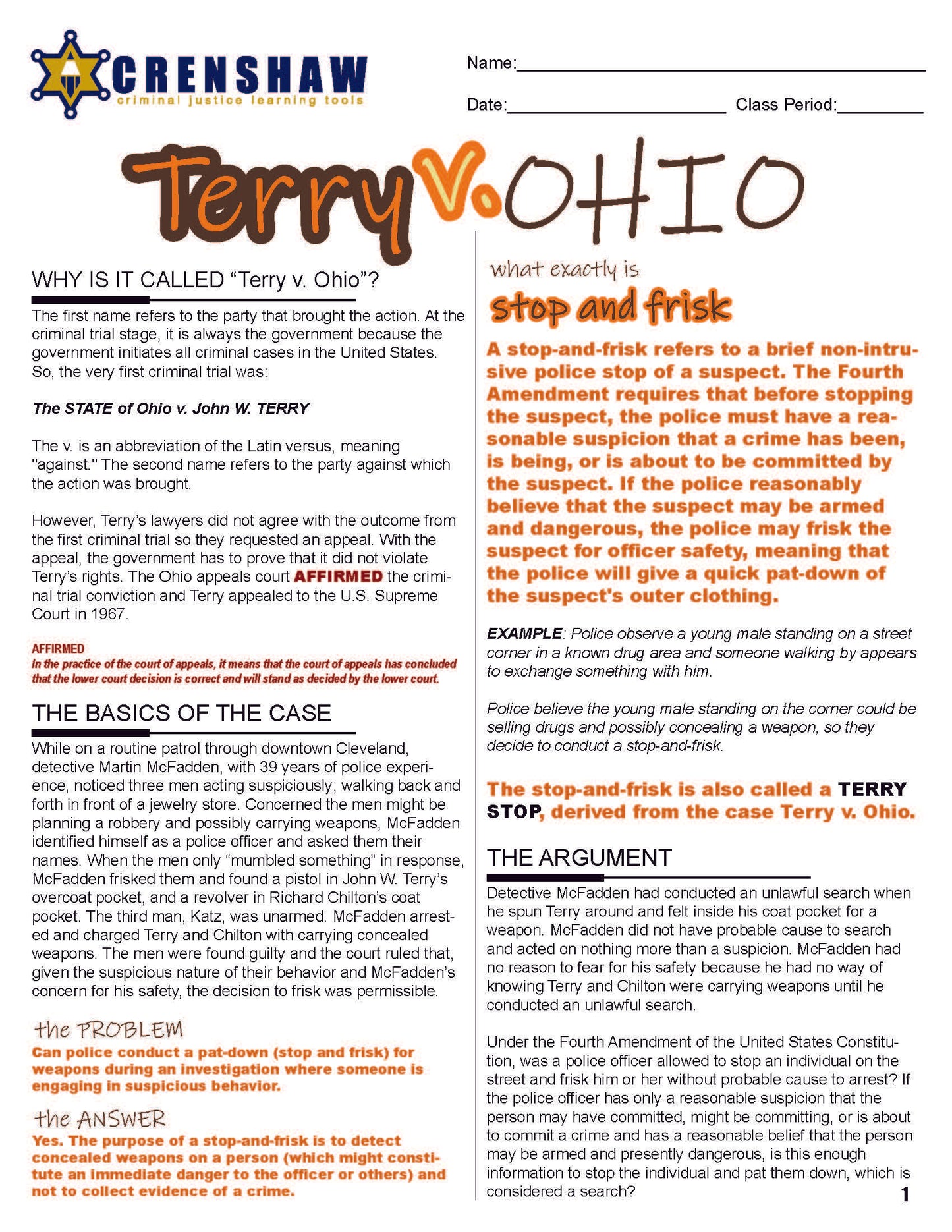 Terry v. Ohio - Criminal Justice Worksheet and Answer Key